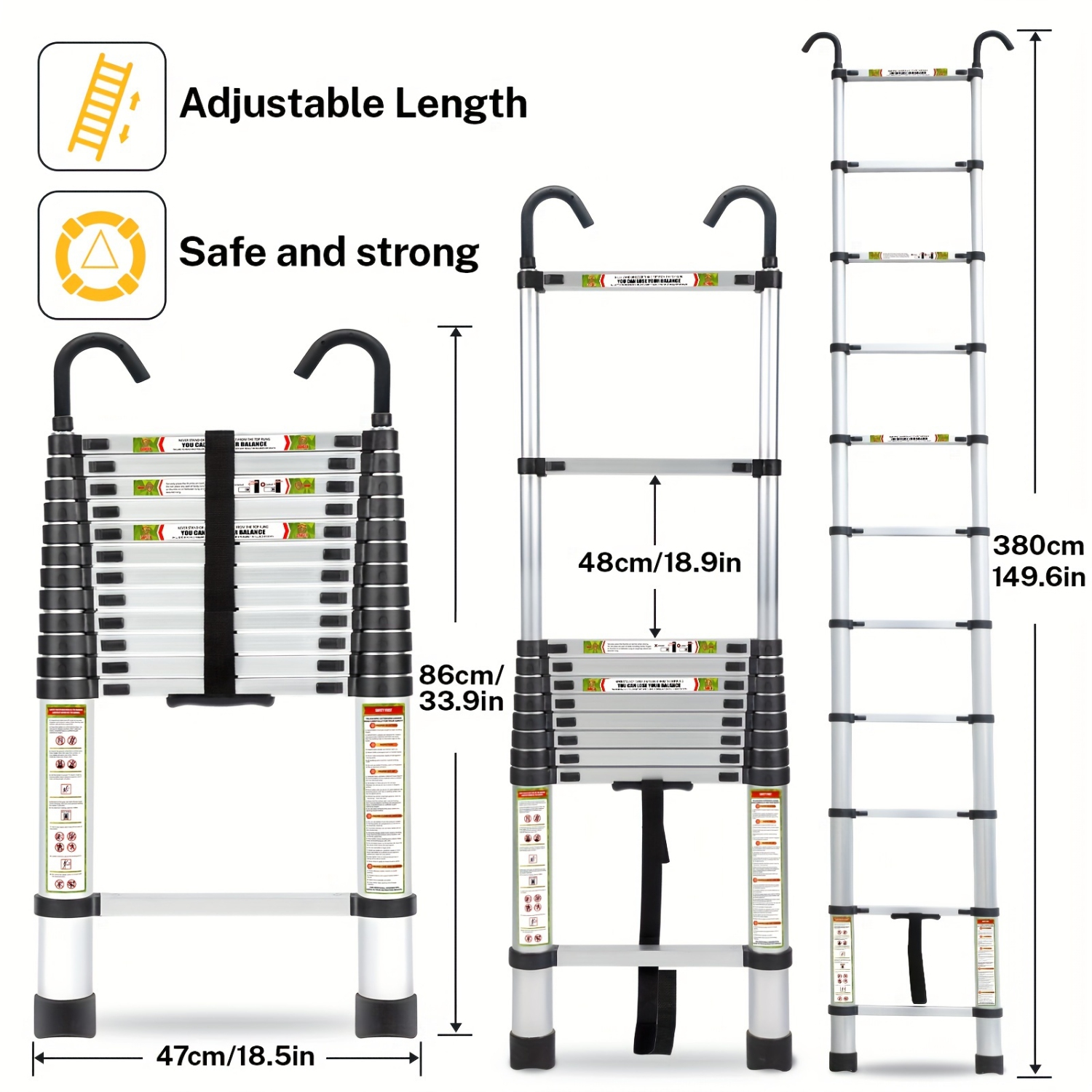 Telescopic Ladder, 12.5FT CoolHut Aluminum Telescoping Ladder with Non-Slip Feet and Stable Hook, Portable Extension Ladder for Household and Outdoor
