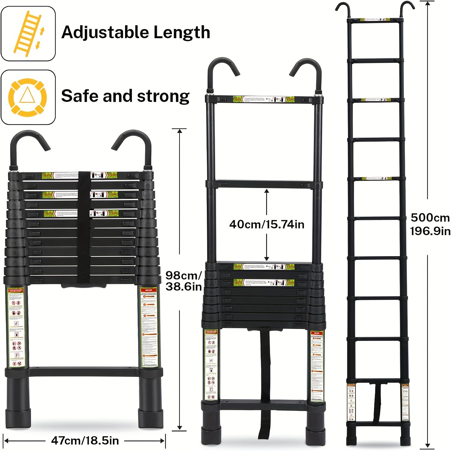 Telescopic Ladder, 16.5FT CoolHut Aluminum Telescoping Ladder with Non-Slip Feet and Stable Hook, Portable Extension Ladder for Household and Outdoor