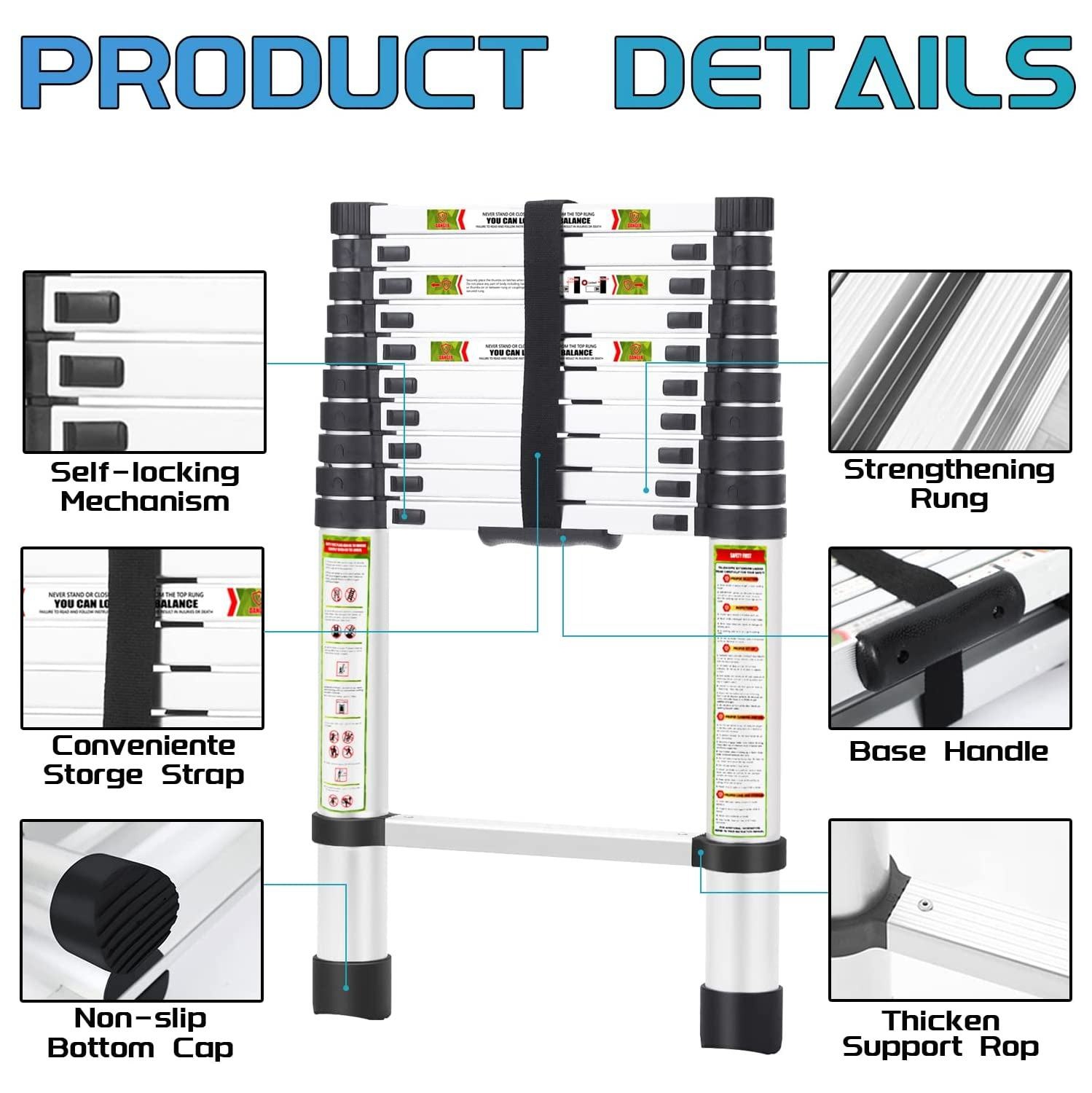 Telescopic Ladder, 16.5FT CoolHut Aluminum Telescoping Ladder with Non-Slip Feet and Stable Hook, Portable Extension Ladder for Household and Outdoor