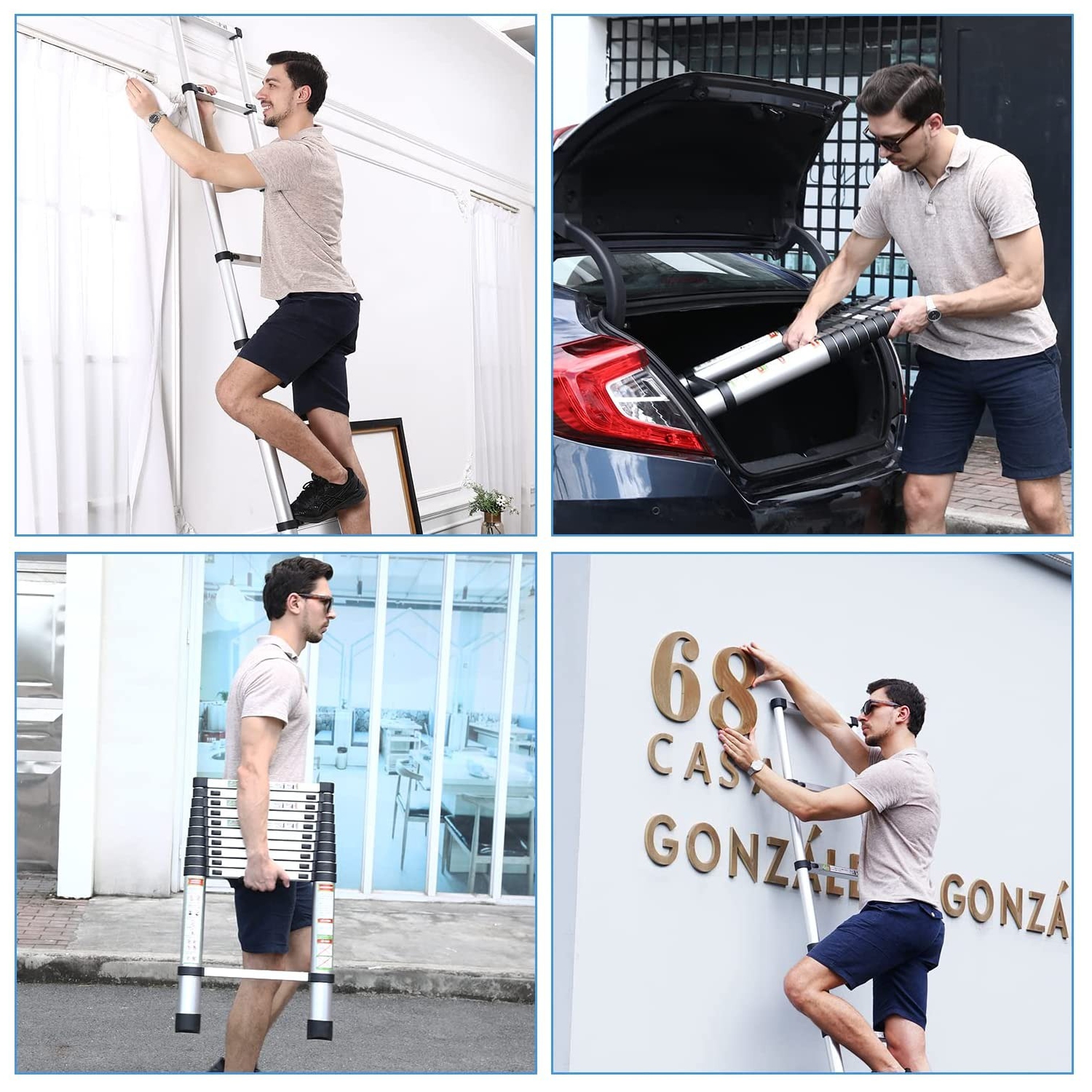 Telescopic Ladder, 8.5FT CoolHut Aluminum Telescoping Ladder with Non-Slip Feet and Stable Hook, Portable Extension Ladder for Household and Outdoor