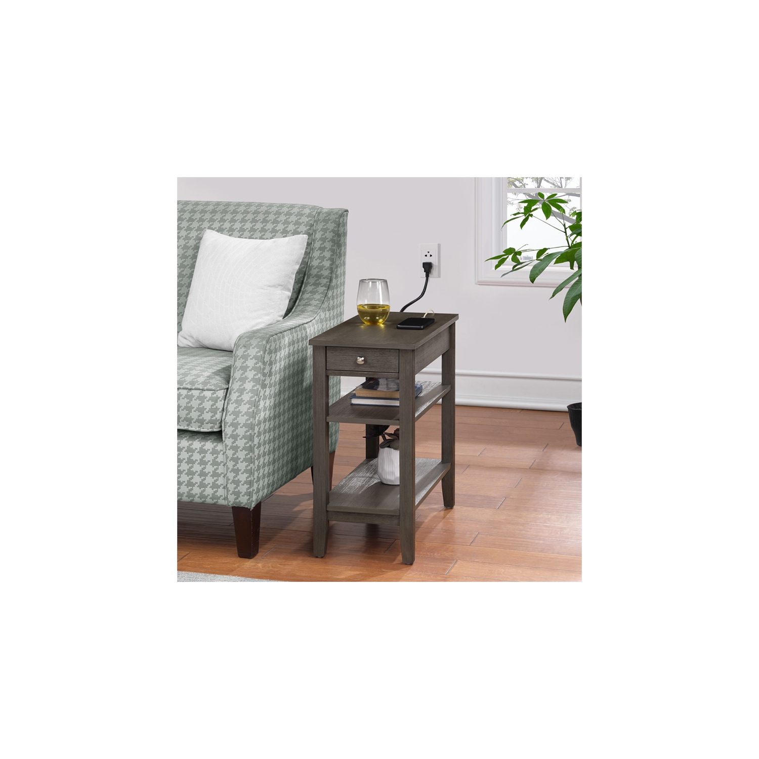 American Heritage One-Drawer End Table w/Charging Station in Gray Wood Finish