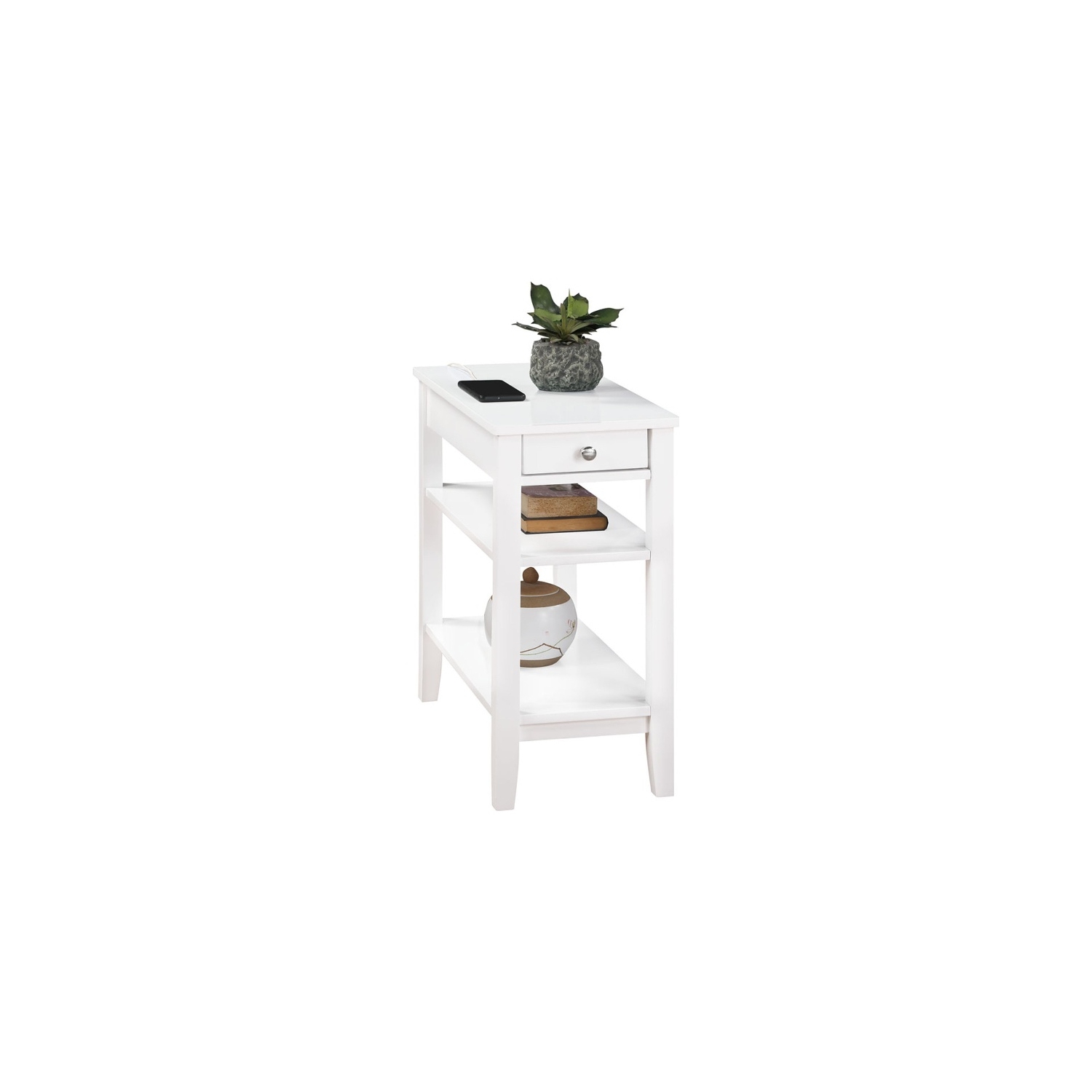 American Heritage One-Drawer End Table with Charging Station in White Wood