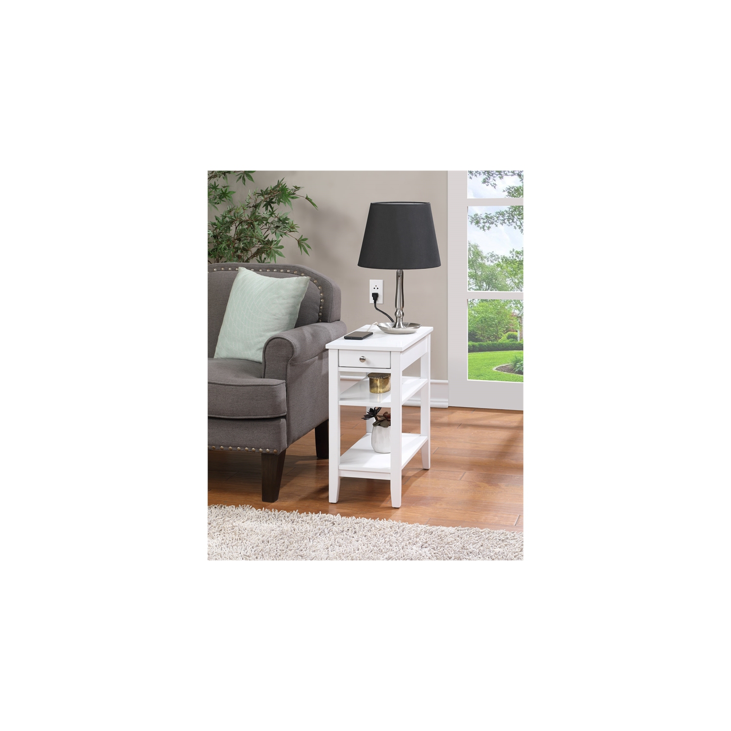 American Heritage One-Drawer End Table with Charging Station in White Wood
