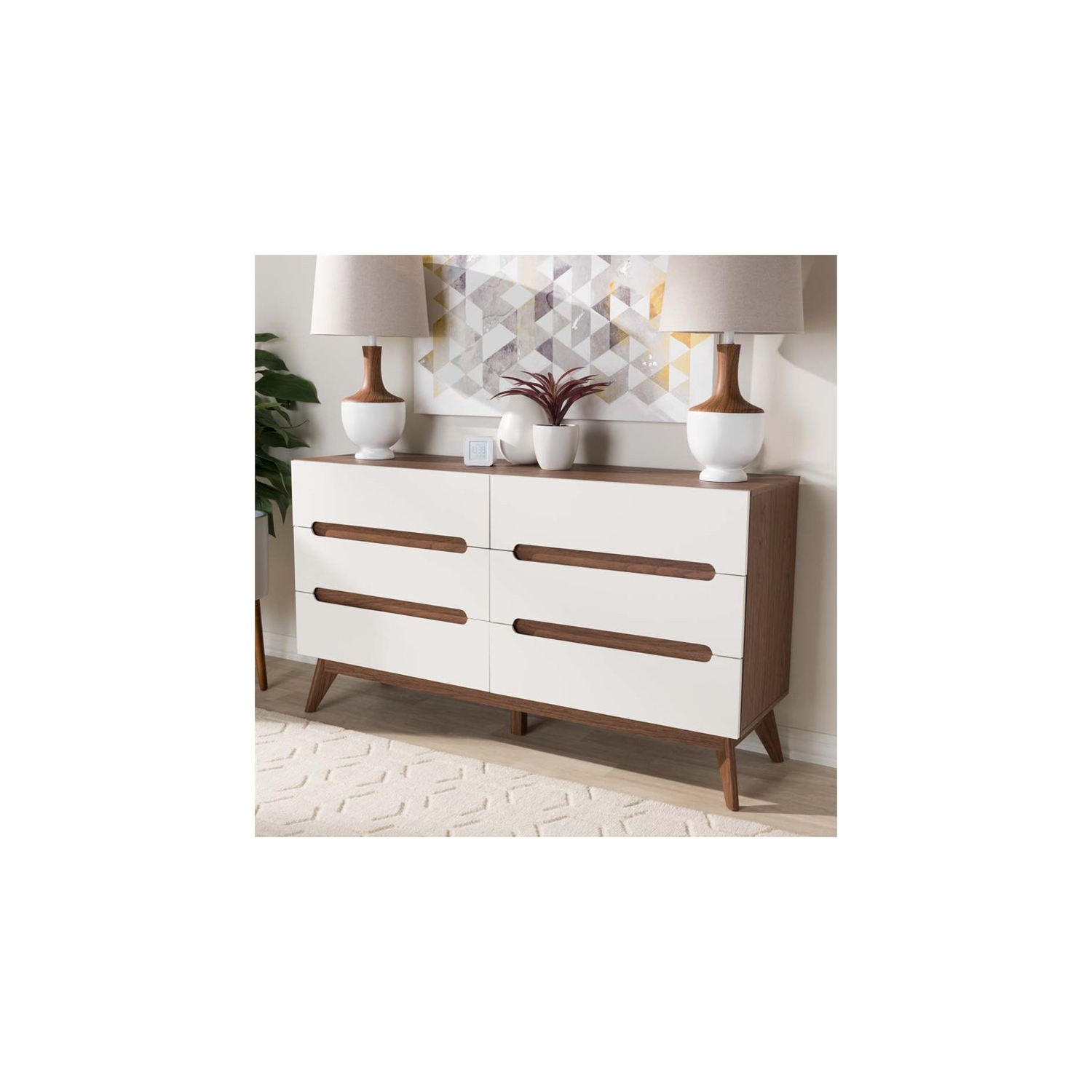 Baxton Studio – Commode double à 6 tiroirs Calypso, blanc et noyer