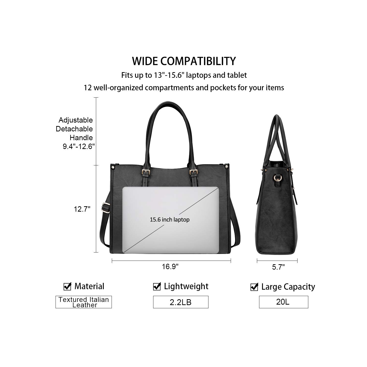 Sac à main à bandoulière pour ordinateur portatif Marine pour portable imperméable PU Cuir léger pour 15.6&nbsp;pouces Accessoires pour ordinateur