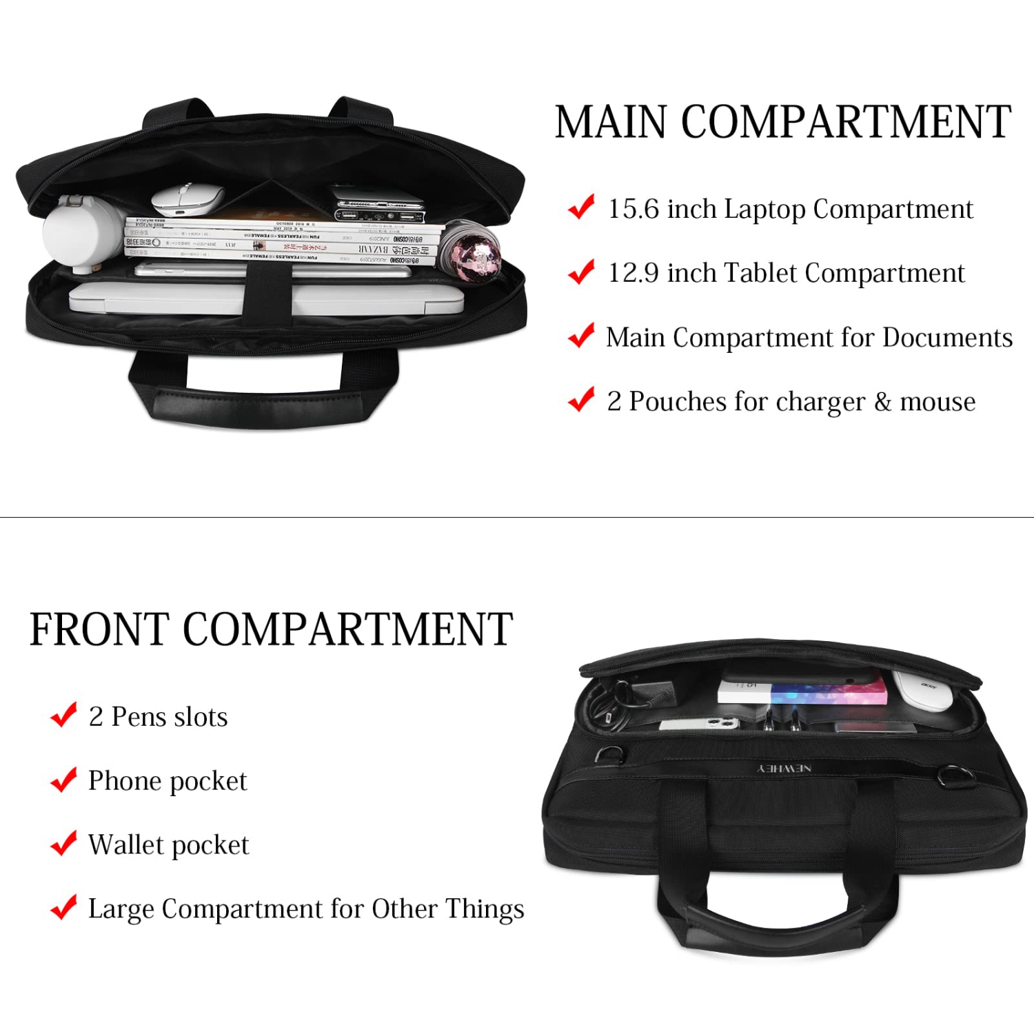 Laptop Bag 15.6 inch Briefcase Waterproof Laptop Carrying Case for Men Women Large Computer Messenger Bag for Travel Business Work, Black