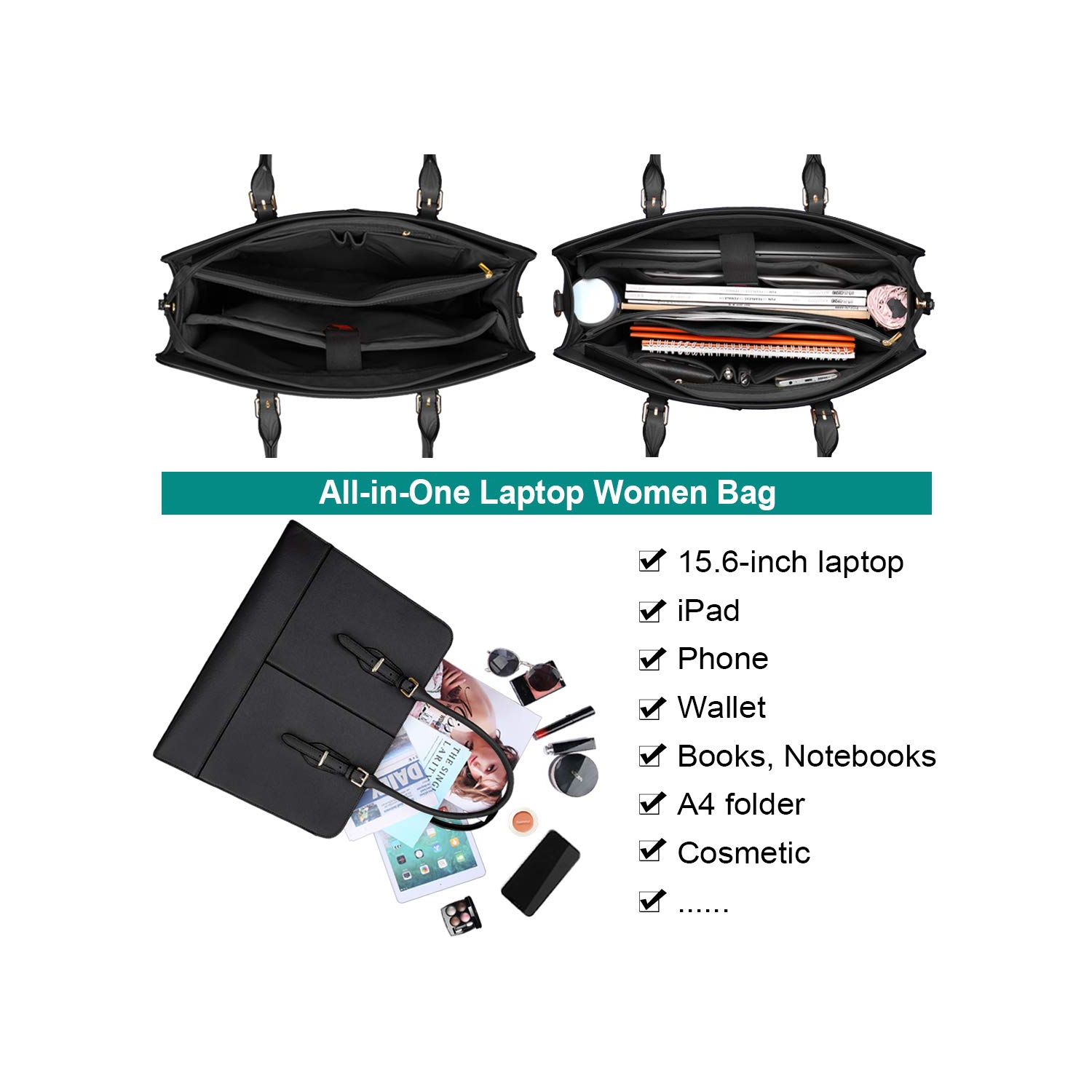 Sac pour portable femme sac fourre-tout en cuir/bandoulière pour ordinateur de 15.6 po/sac à main de travail imperméable Professional SH