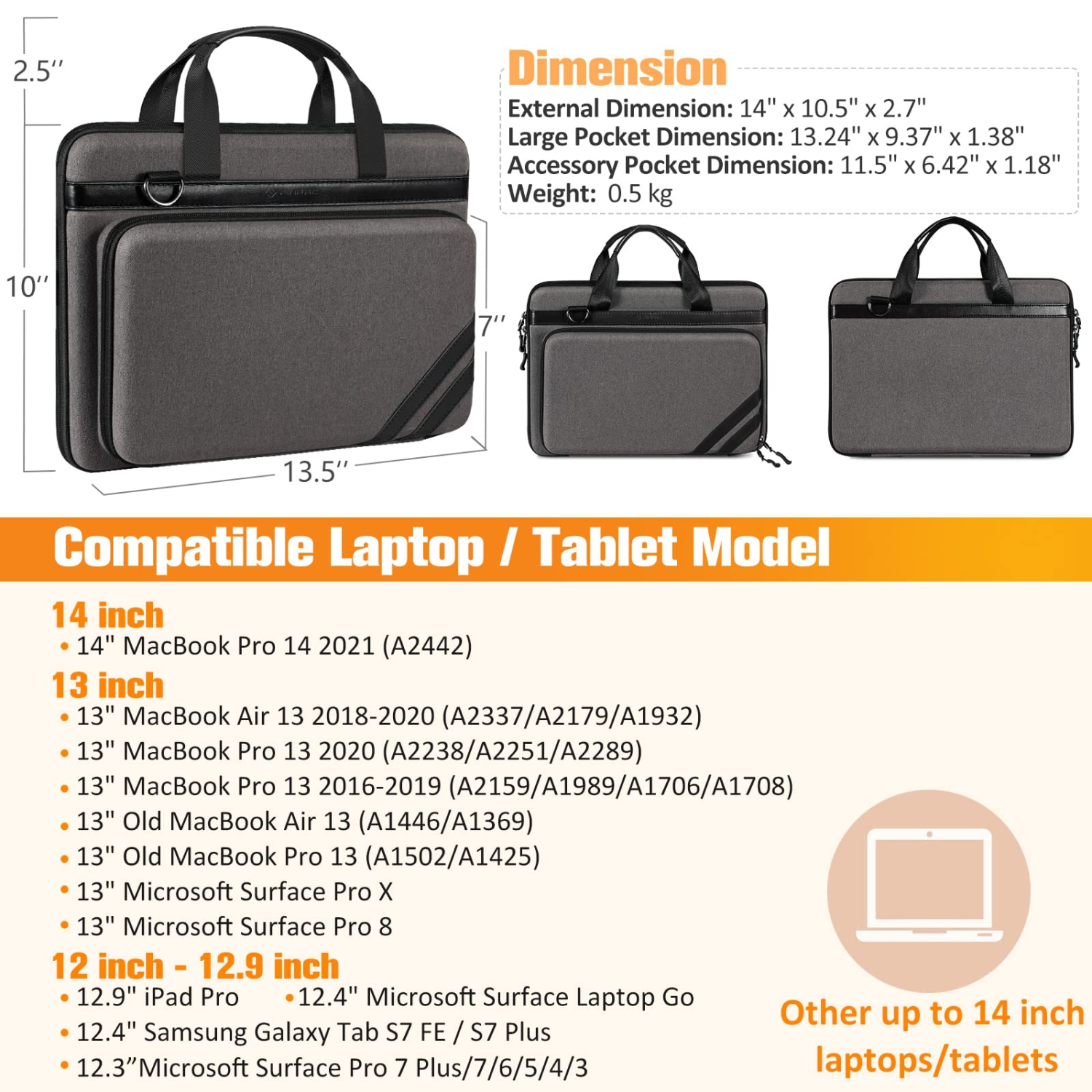 FINPAC 13-14 Inch Laptop Sleeve Case - Briefcase Shoulder Bag with Tablet Pocket and Accessory Pouch