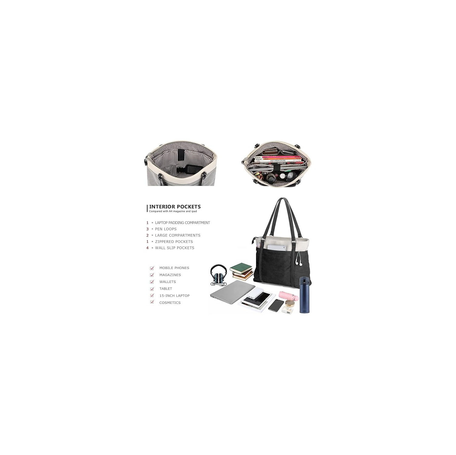 Sac fourre-tout pour ordinateur portatif pour femmes travail Splice légère sac à main en toile 15.6 po