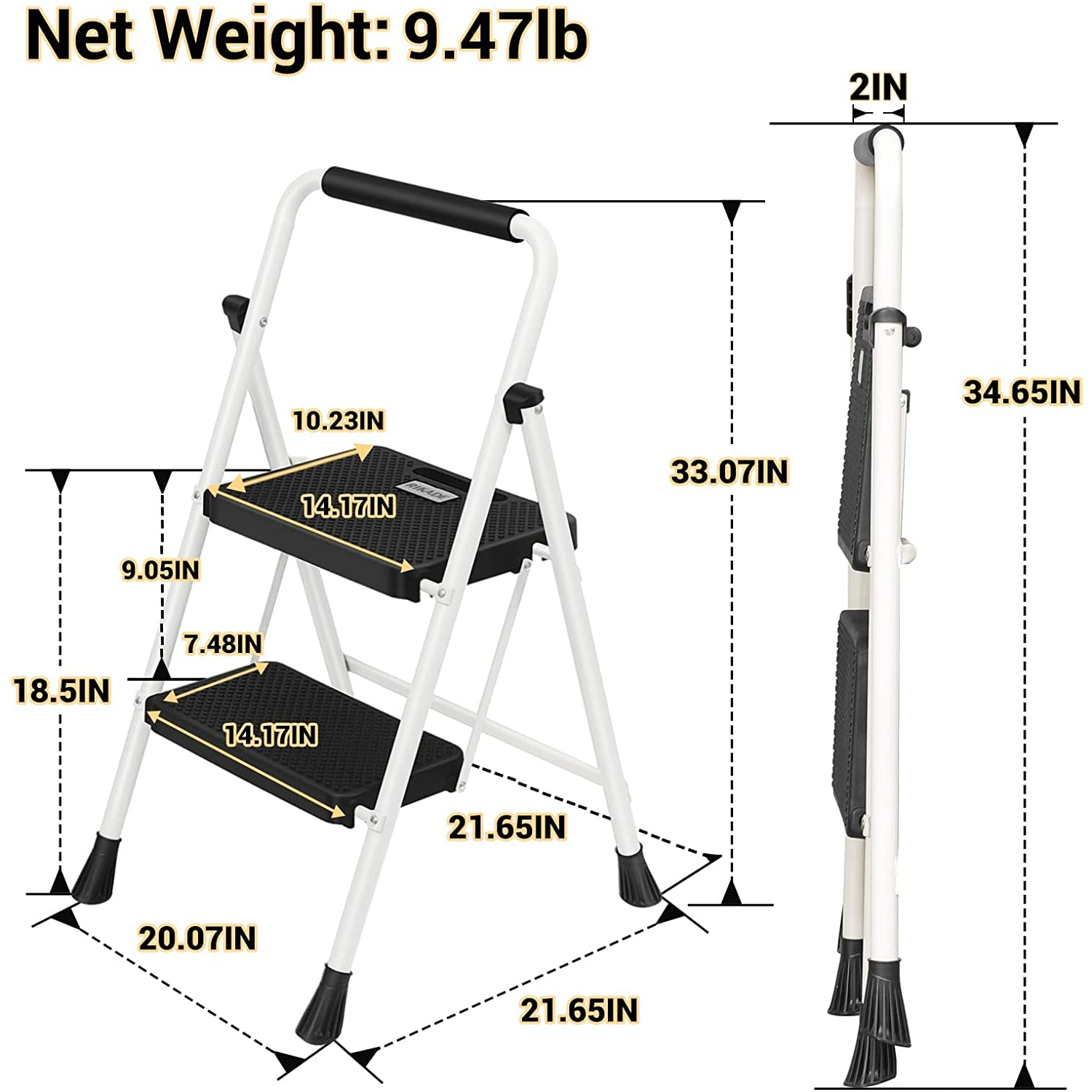 Escabeau à 2 marches, escabeau repliable CoolHut, escabeau avec pédale large antidérapante, escabeau repliable portatif avec poignée, échelle en