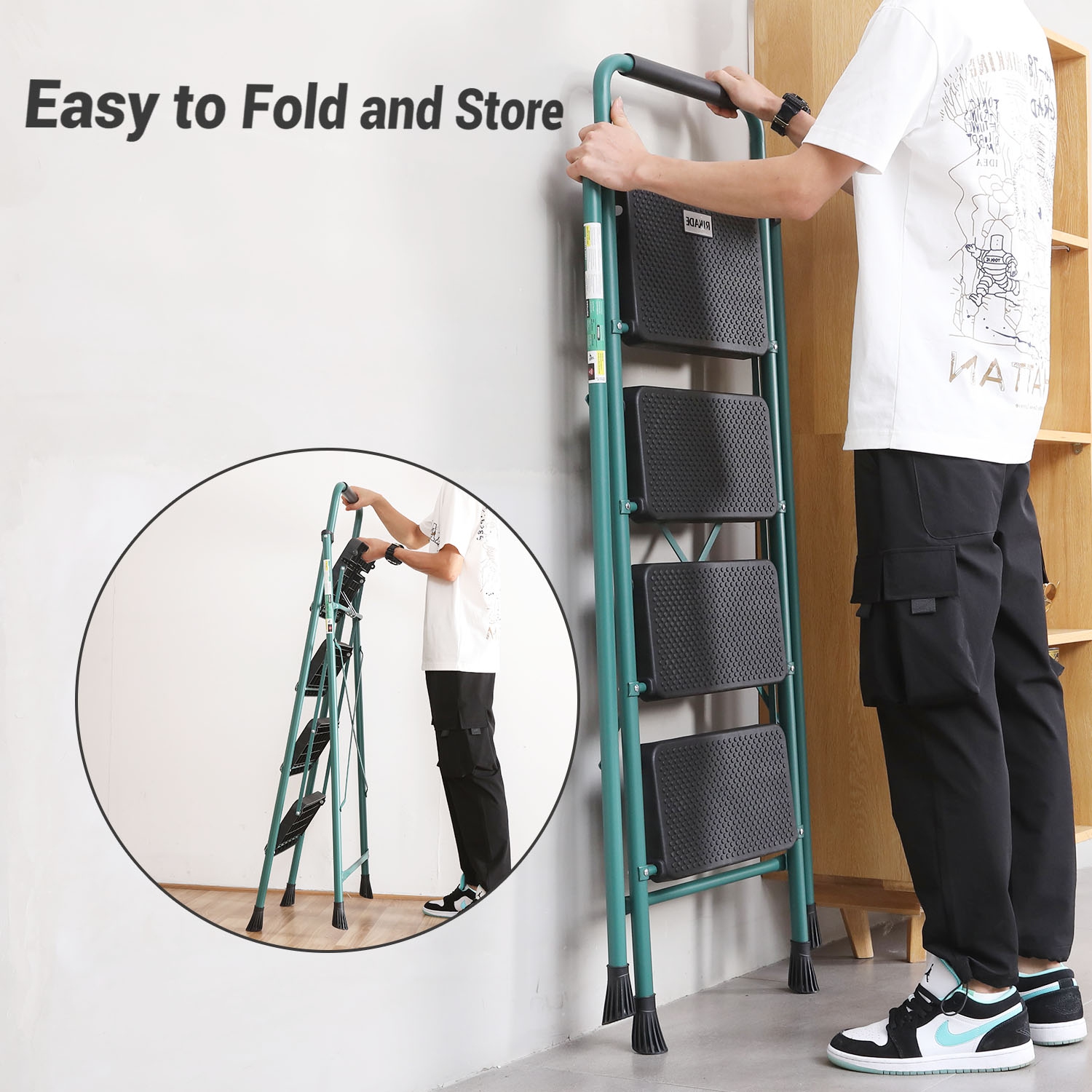 4 Step Ladder, CoolHut Folding Step Stool, Step Stool with Wide Anti-Slip Pedal, Portable Folding Step Ladder with Handgrip, Multi-use Steel Ladder