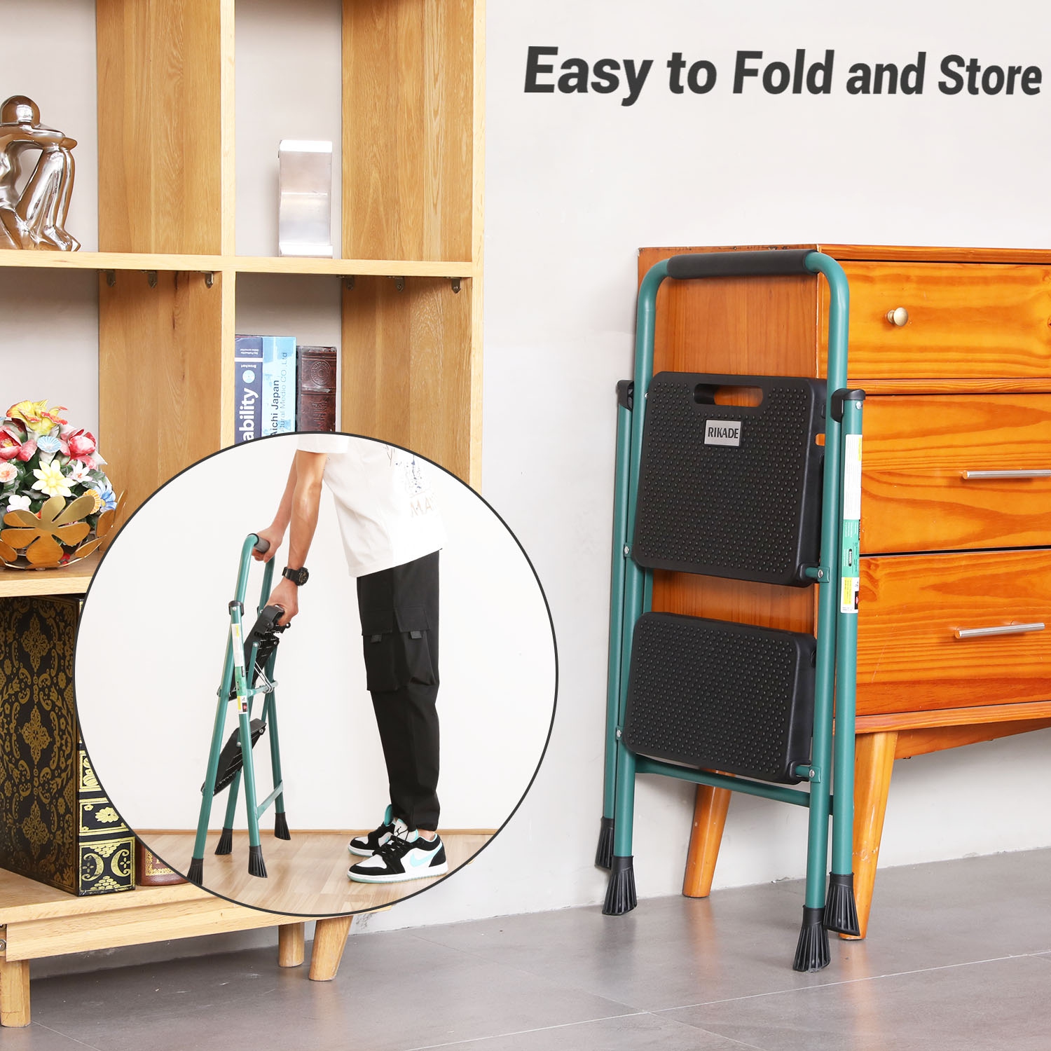 Escabeau à 2 marches, escabeau repliable CoolHut, escabeau avec pédale large antidérapante, escabeau repliable portatif avec poignée, échelle en