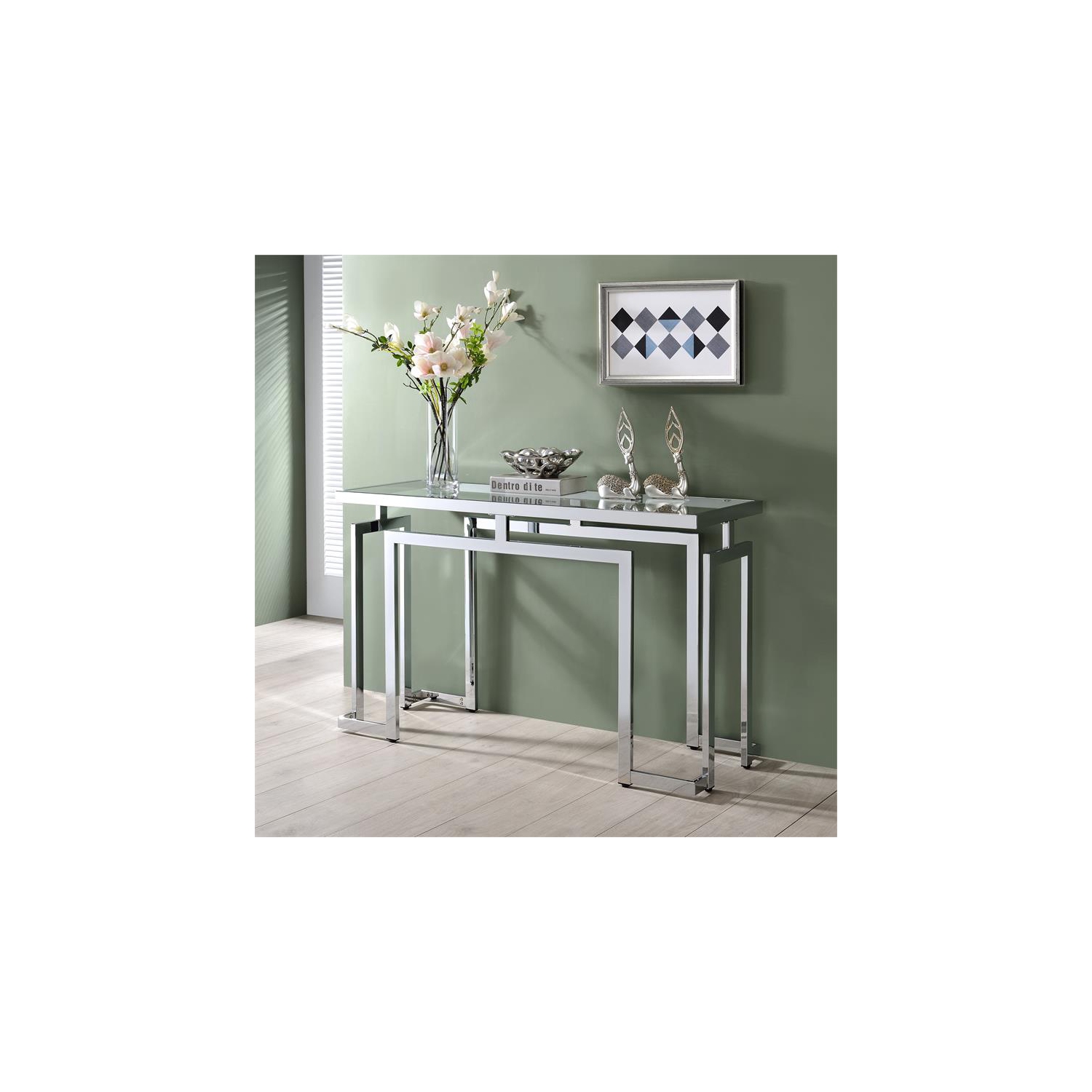 Table console contemporaine avec dessus en verre Furniture of America Maphone en chrome