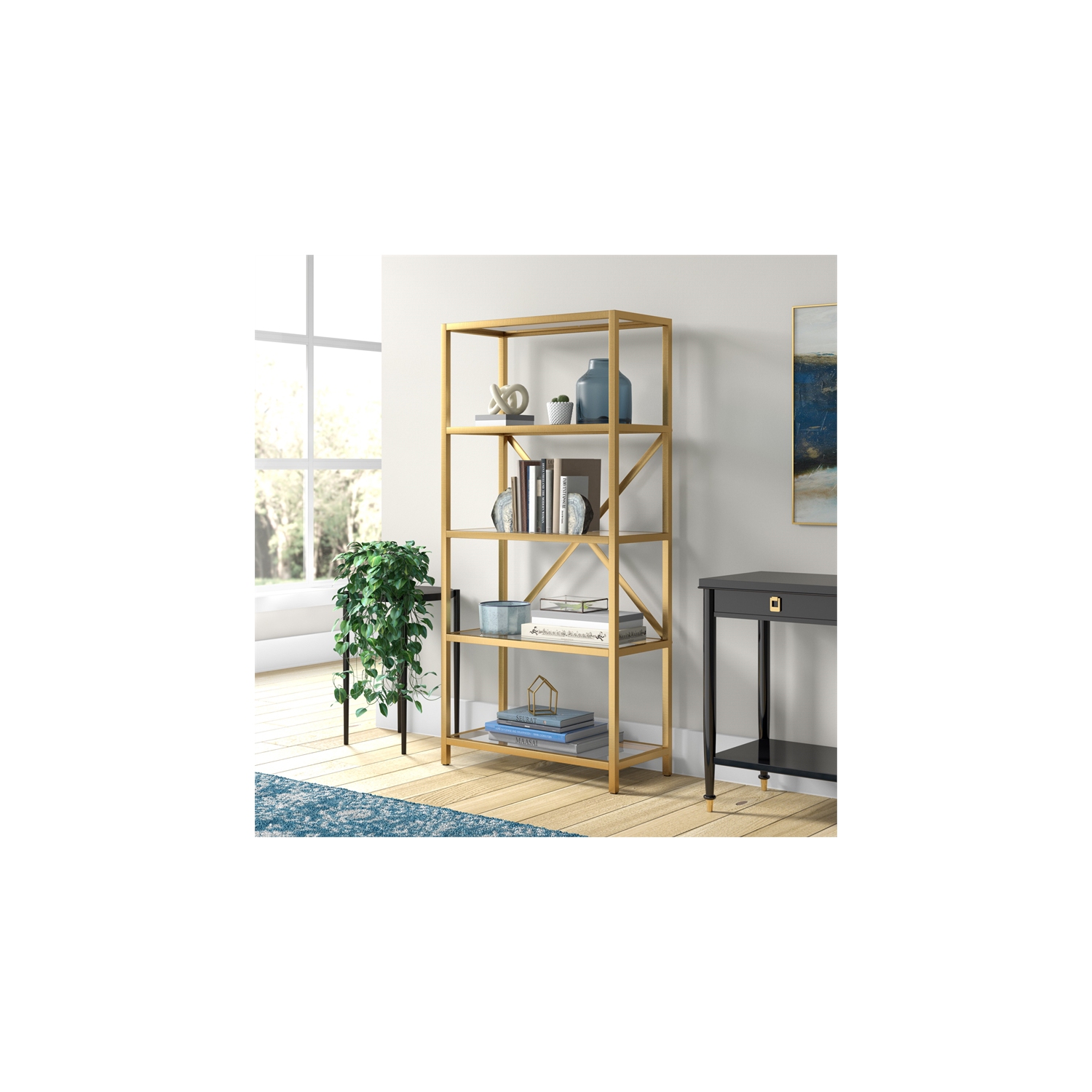 Henn&Hart Metal 63" 4 Tier Metal Bookcase Brushed Brass Finish with Glass Top