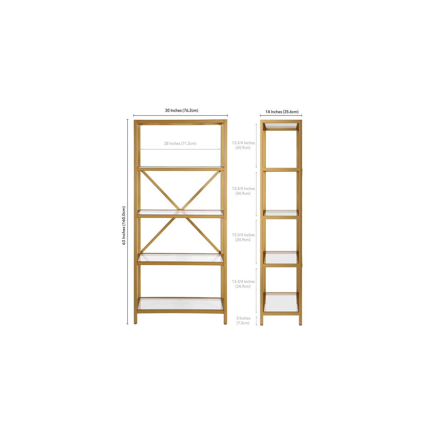 Henn&Hart Metal 63" 4 Tier Metal Bookcase Brushed Brass Finish with Glass Top