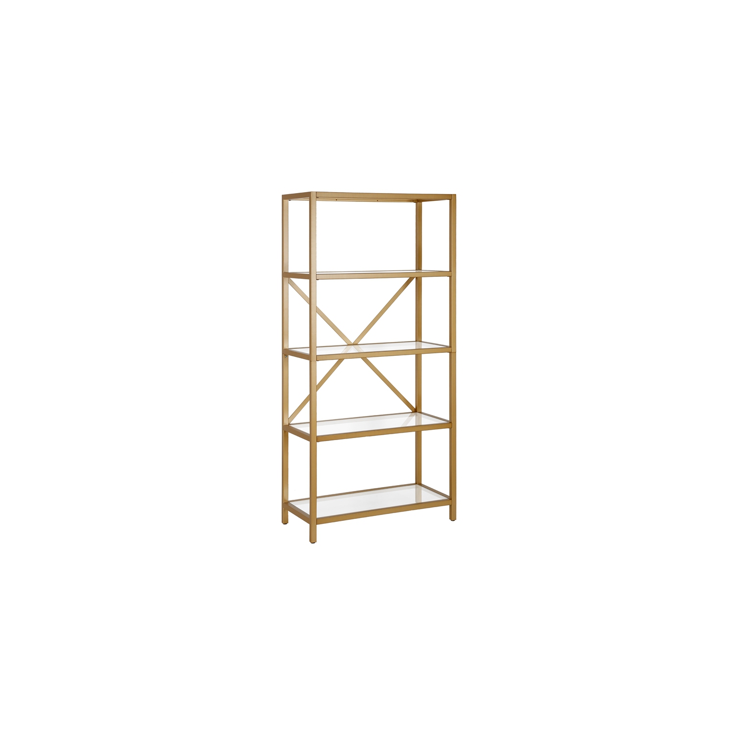 Henn&Hart Metal 63" 4 Tier Metal Bookcase Brushed Brass Finish with Glass Top