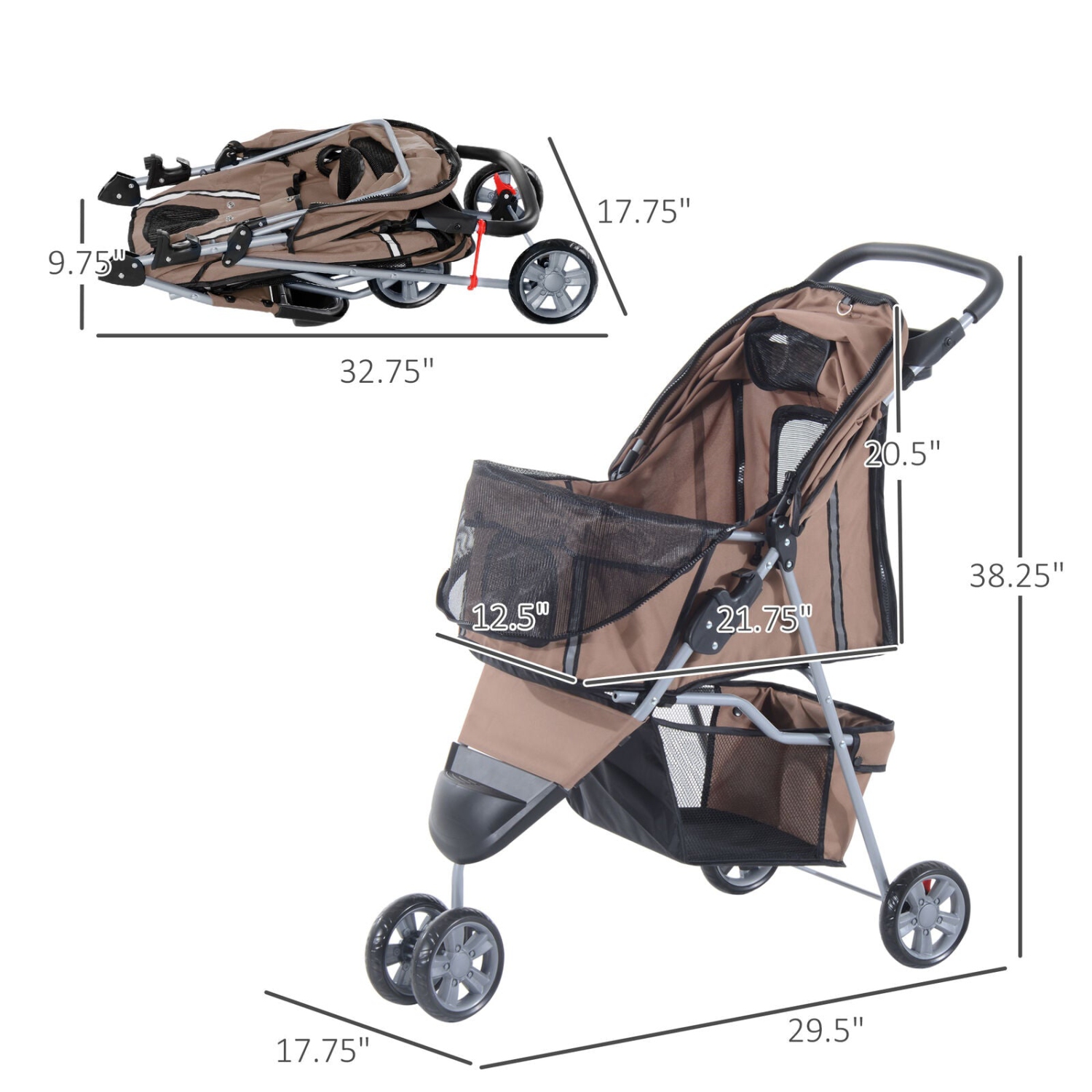 Folding Dog Stroller 3 Wheels Carrier with Brake and Canopy Coffee