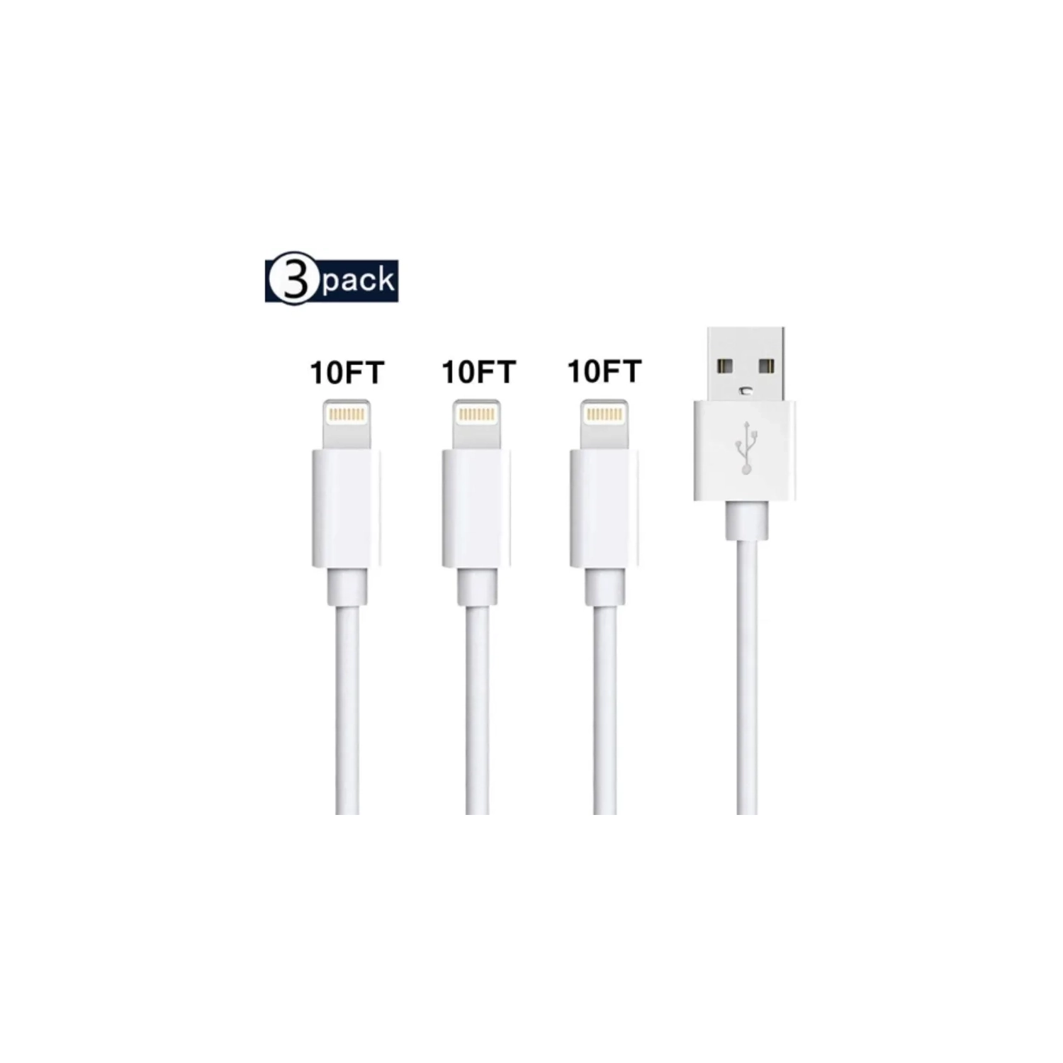 (Lot de 3) – [Certifié Apple MFi] Cordon de charge/chargeur iPhone/iPad de 3 mètres/10 pieds Câble éclaircissant vers USB Charge et synchronisation