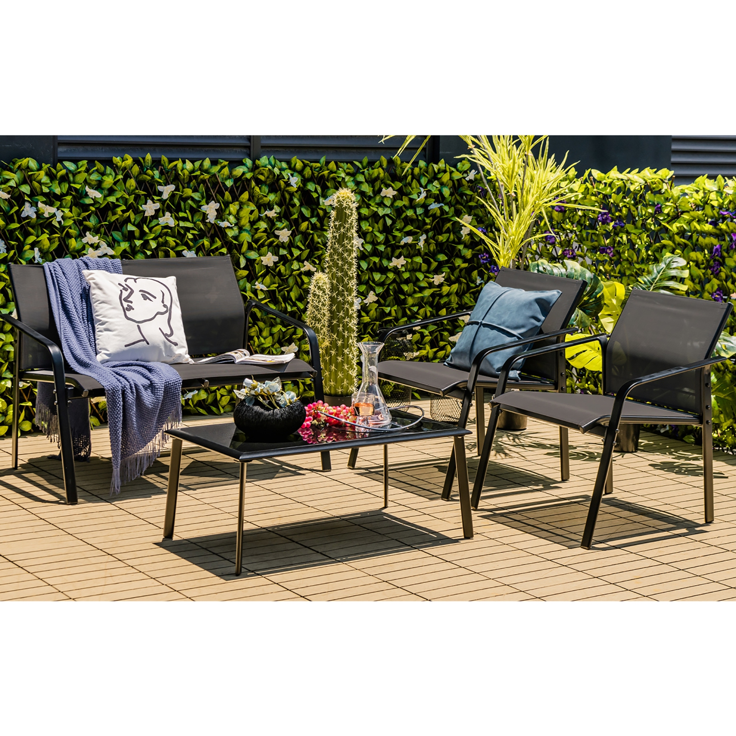 Gymax 4PCS Patio Conversation Futniture Set w/ Fabric and Anti-Rust Steel Frame