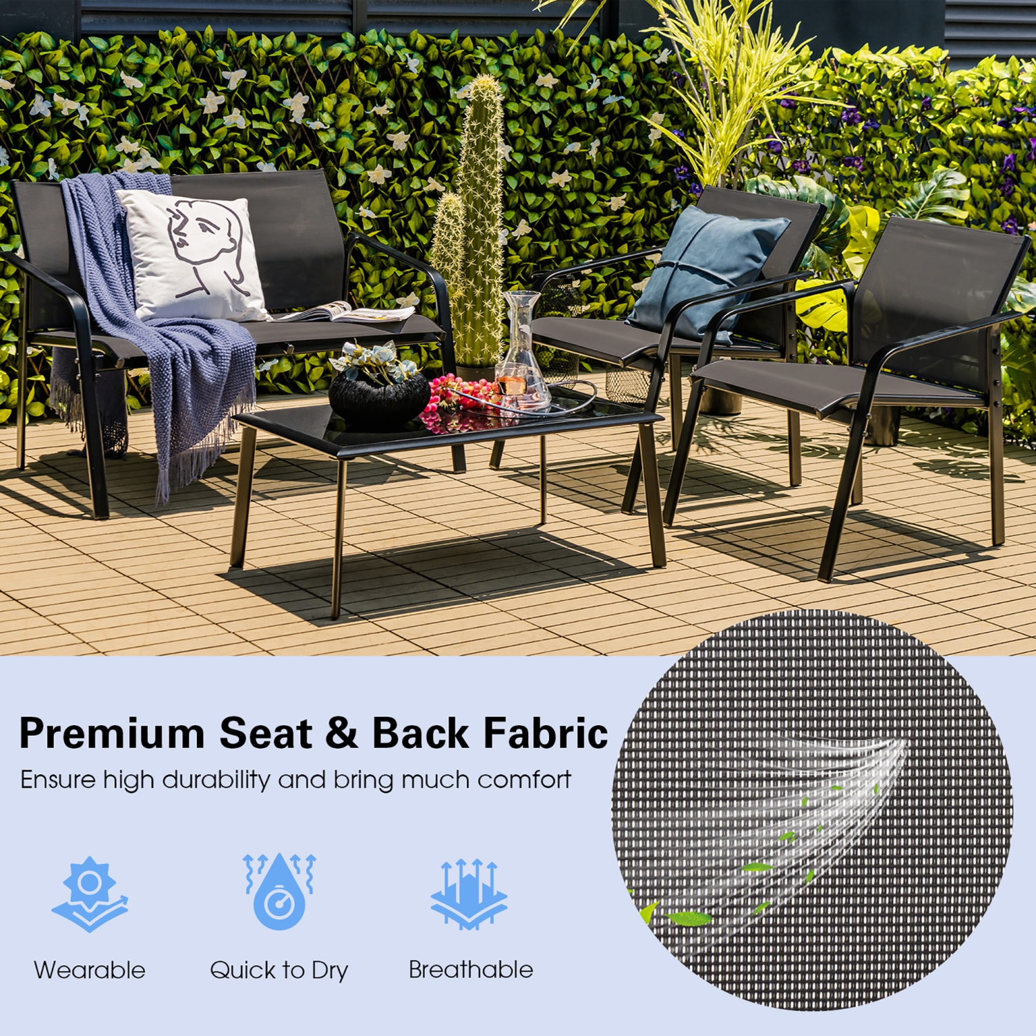 Gymax 4PCS Patio Conversation Futniture Set w/ Fabric and Anti-Rust Steel Frame