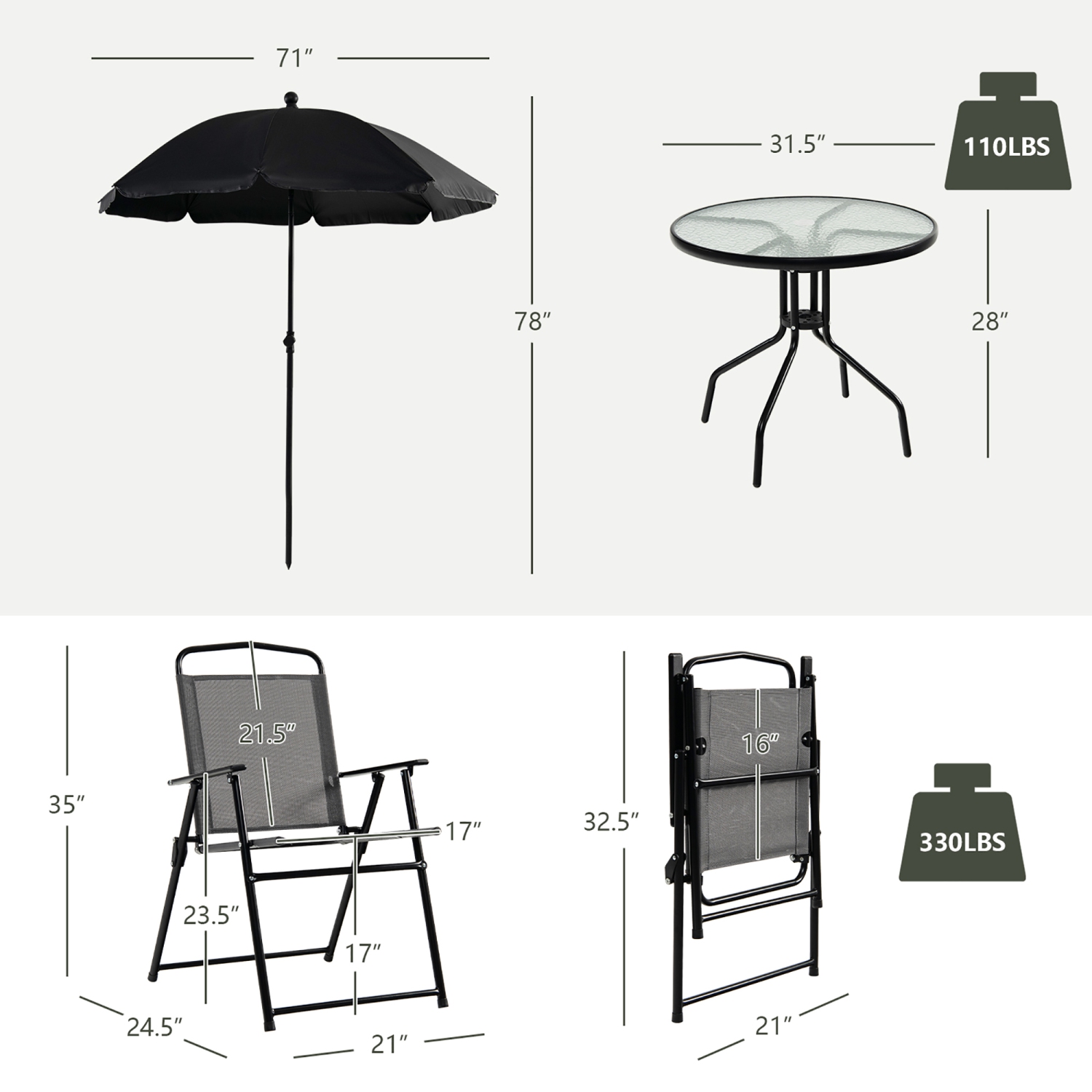 Gymax 6PCS Patio Garden Dining Set w/ Round Table & 4 Folding Chairs & Tiltable Umbrella