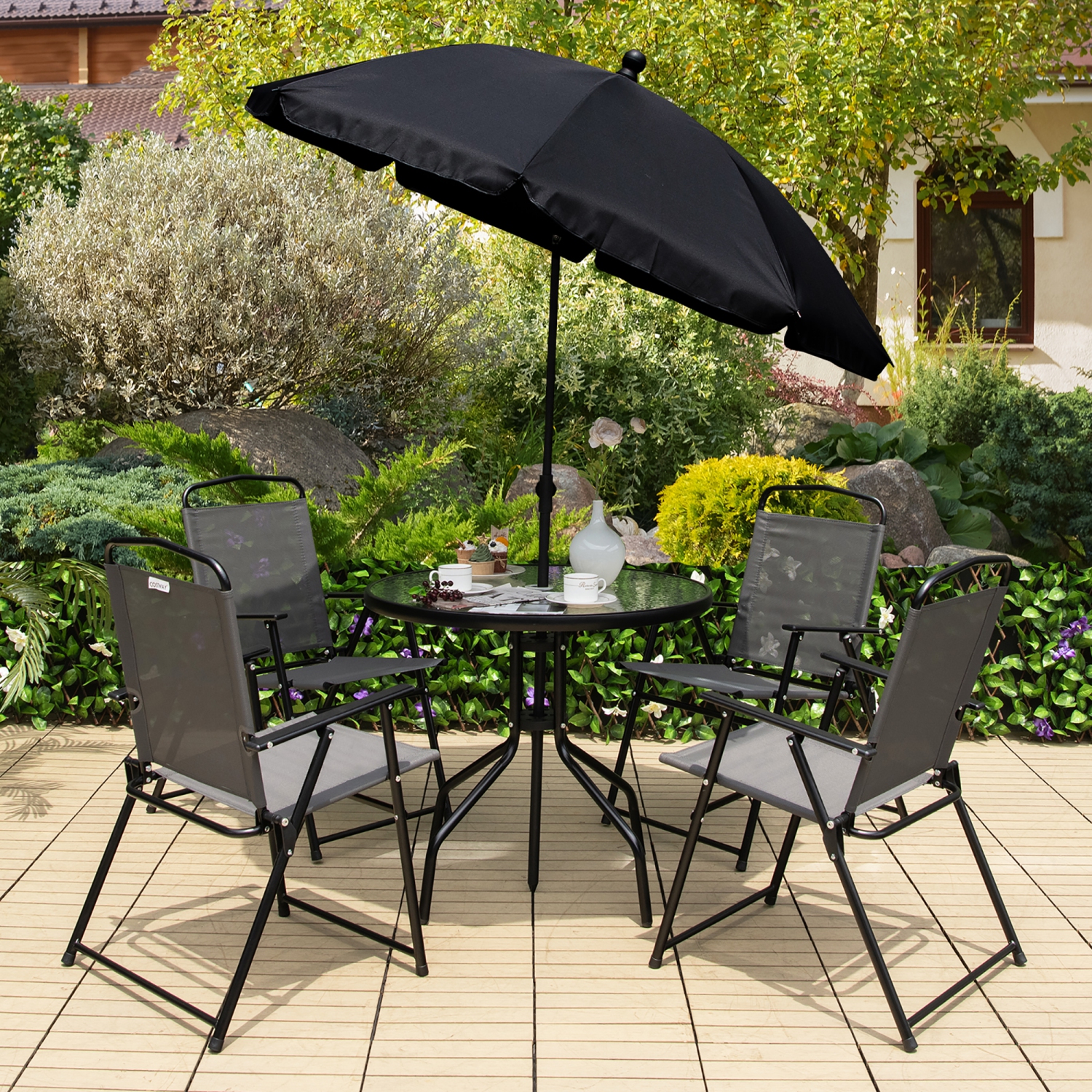 Gymax 6PCS Patio Garden Dining Set w/ Round Table & 4 Folding Chairs & Tiltable Umbrella