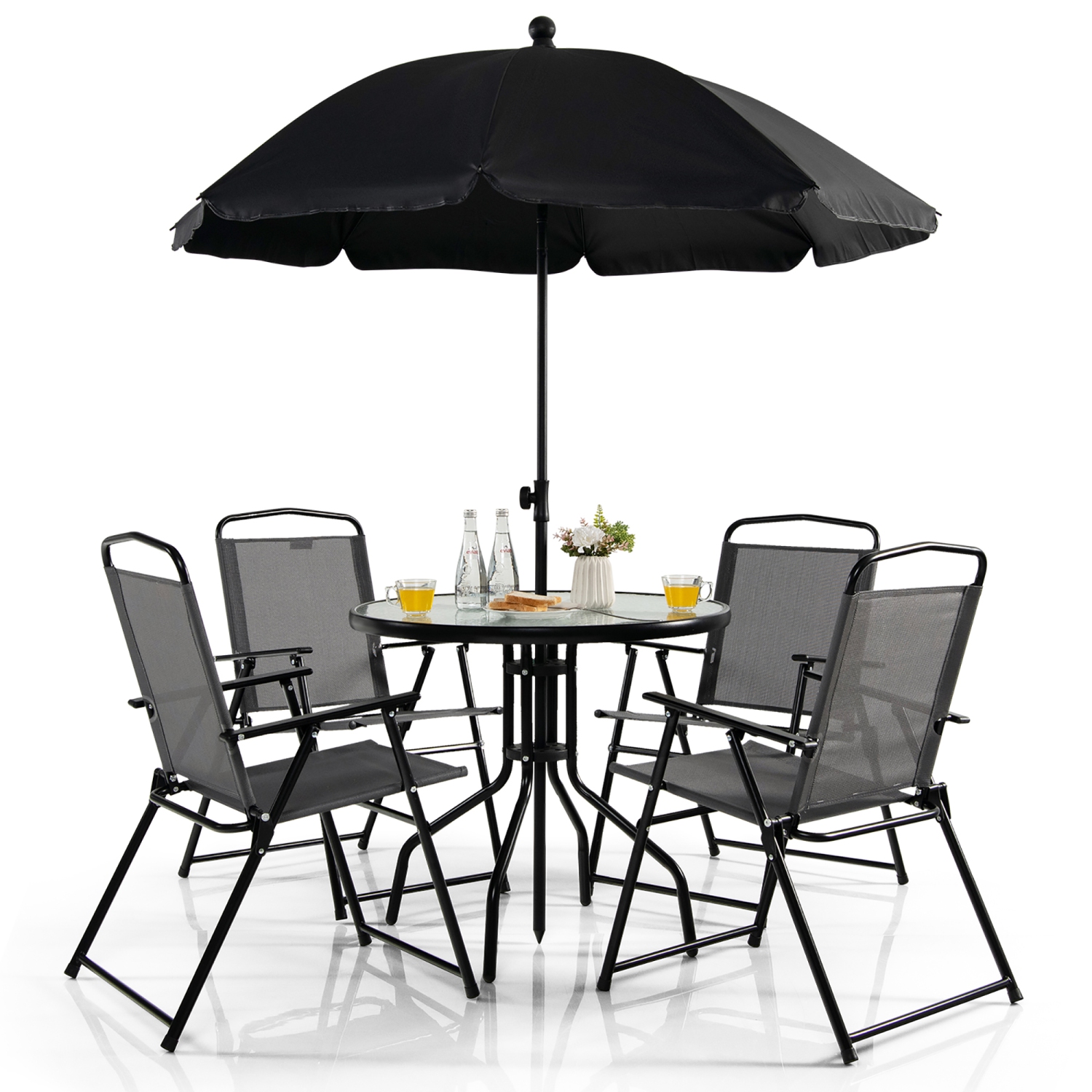 Gymax 6PCS Patio Garden Dining Set w/ Round Table & 4 Folding Chairs & Tiltable Umbrella