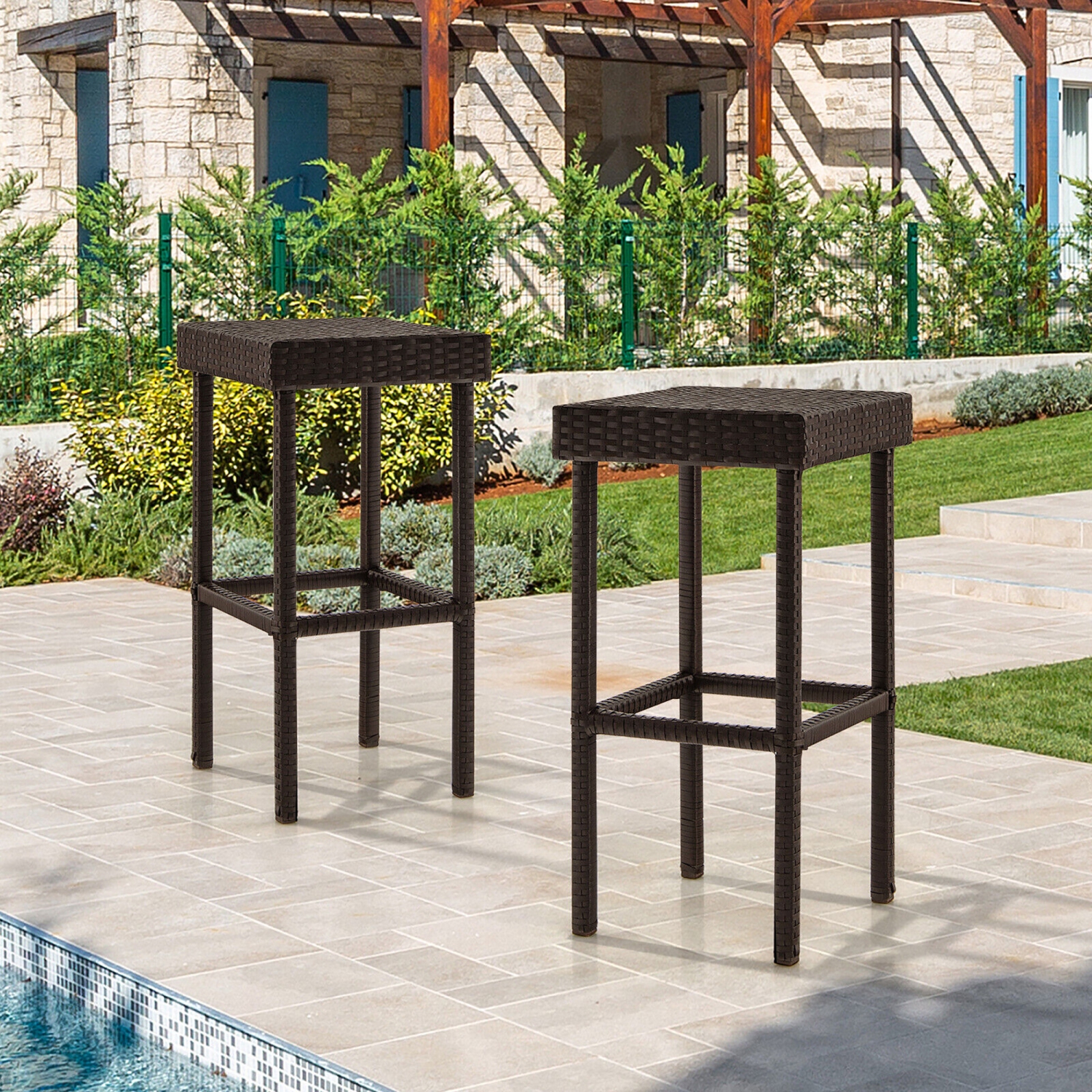 Gymax Patio 2 PCS Rattan Wicker Bar Stool Chairs Counter Height Barstools