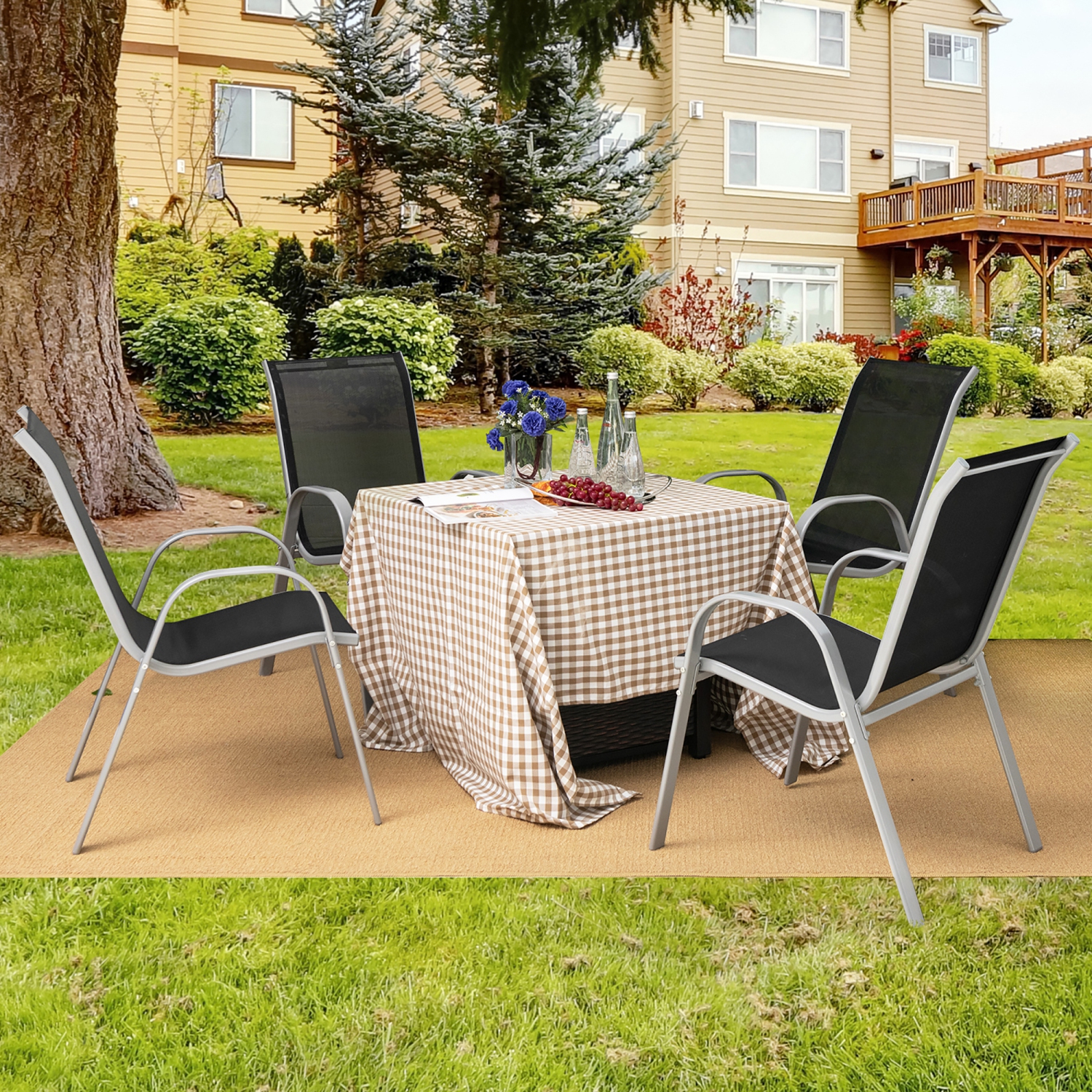 Gymax 4PCS Patio Stacking Dining Chairs w/ Curved Armrests & Breathable Seat Fabric