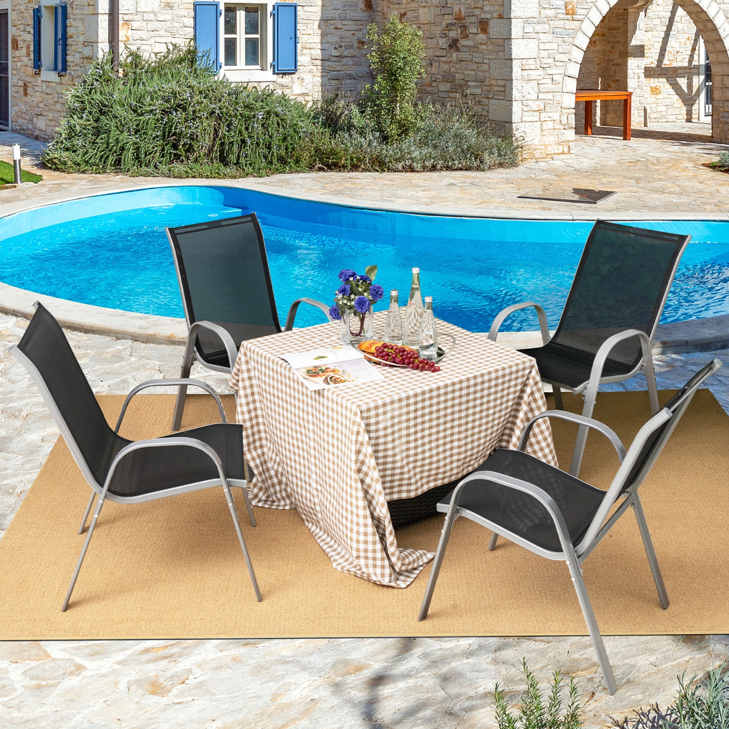 Gymax 4PCS Patio Stacking Dining Chairs w/ Curved Armrests & Breathable Seat Fabric