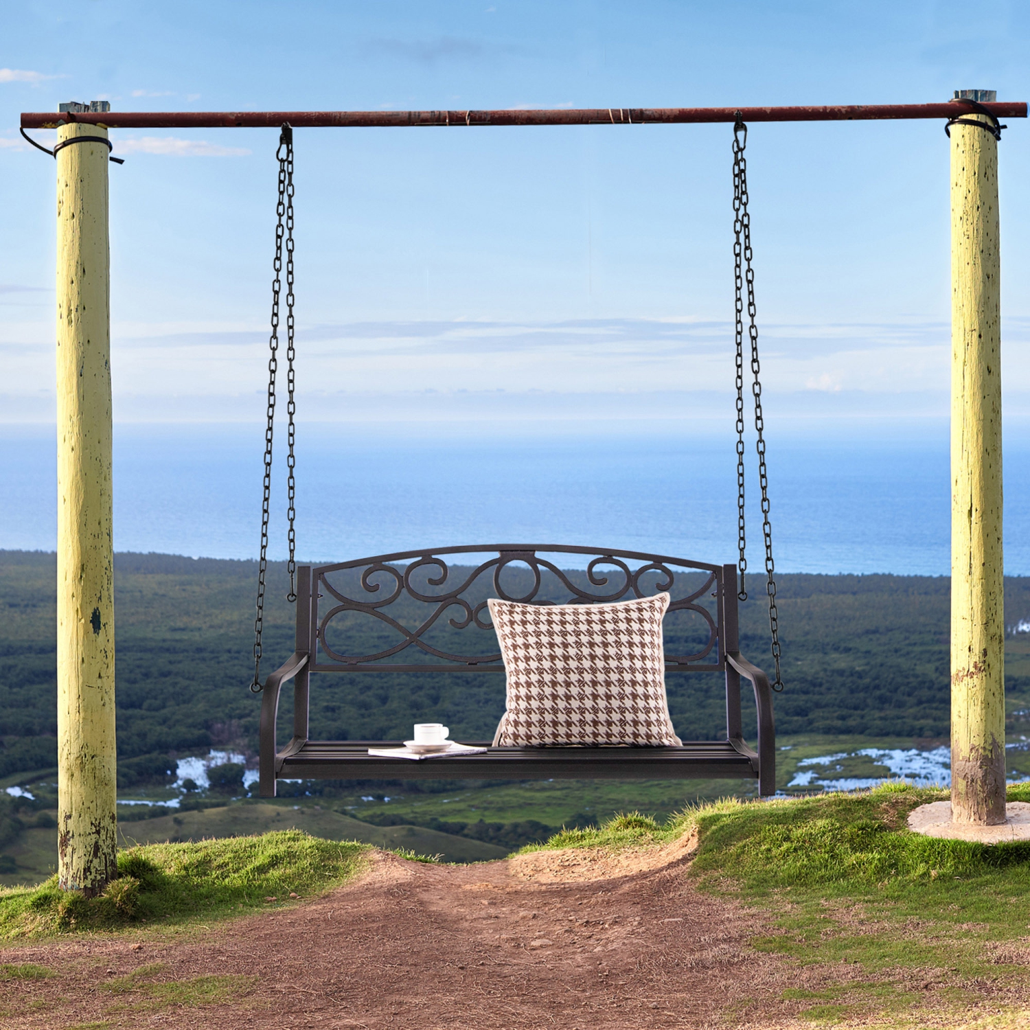 Gymax Patio Hanging Porch Swing Outdoor 2-Person Metal Swing Bench Chair w/ Chains