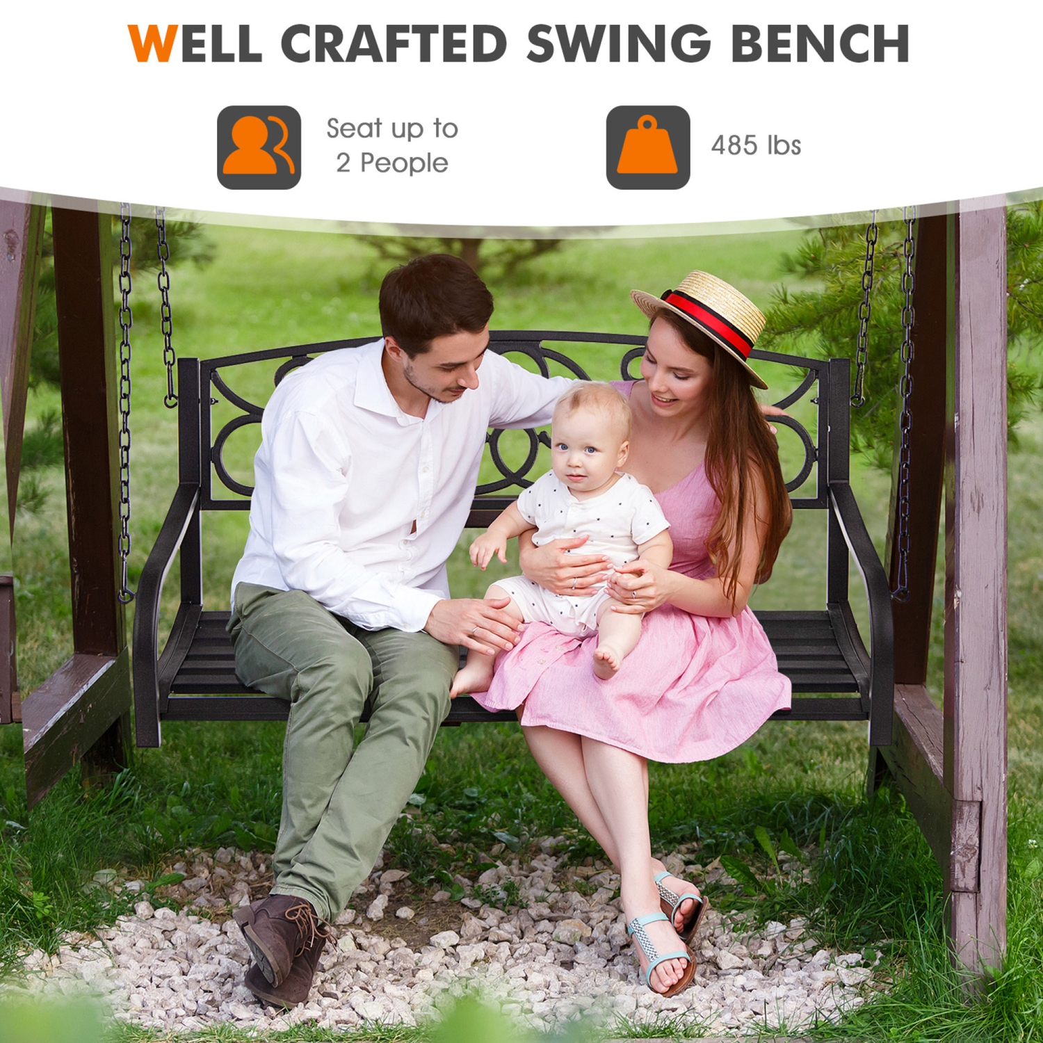 Gymax Patio Hanging Porch Swing Outdoor 2-Person Metal Swing Bench Chair w/ Chains