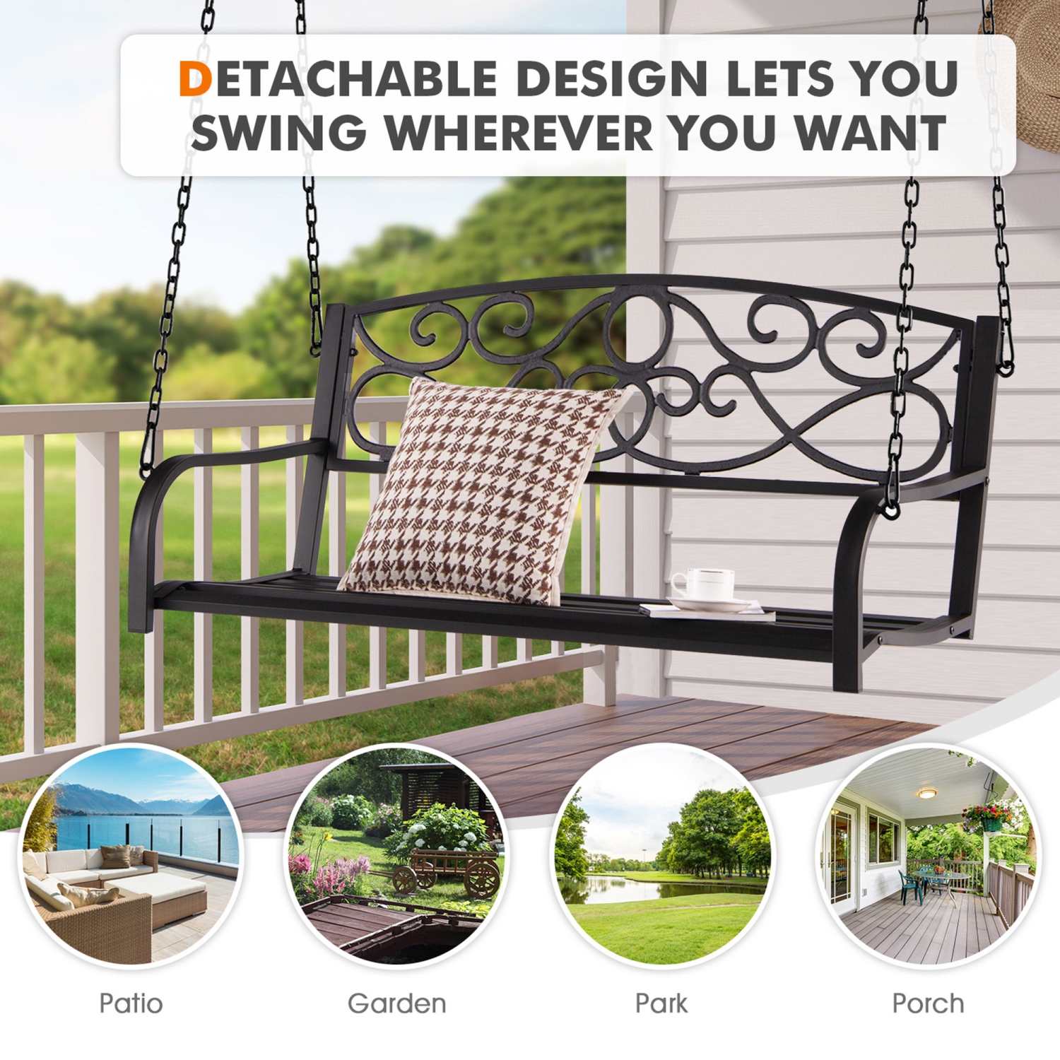 Gymax Patio Hanging Porch Swing Outdoor 2-Person Metal Swing Bench Chair w/ Chains
