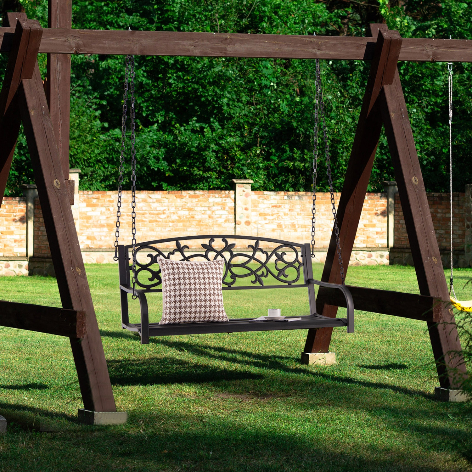 Banc de Balançoire en Métal à Suspendre de Porche d'Extérieur de Marque Gymax pour 2 Personnes pour Patio avec des Chaînes