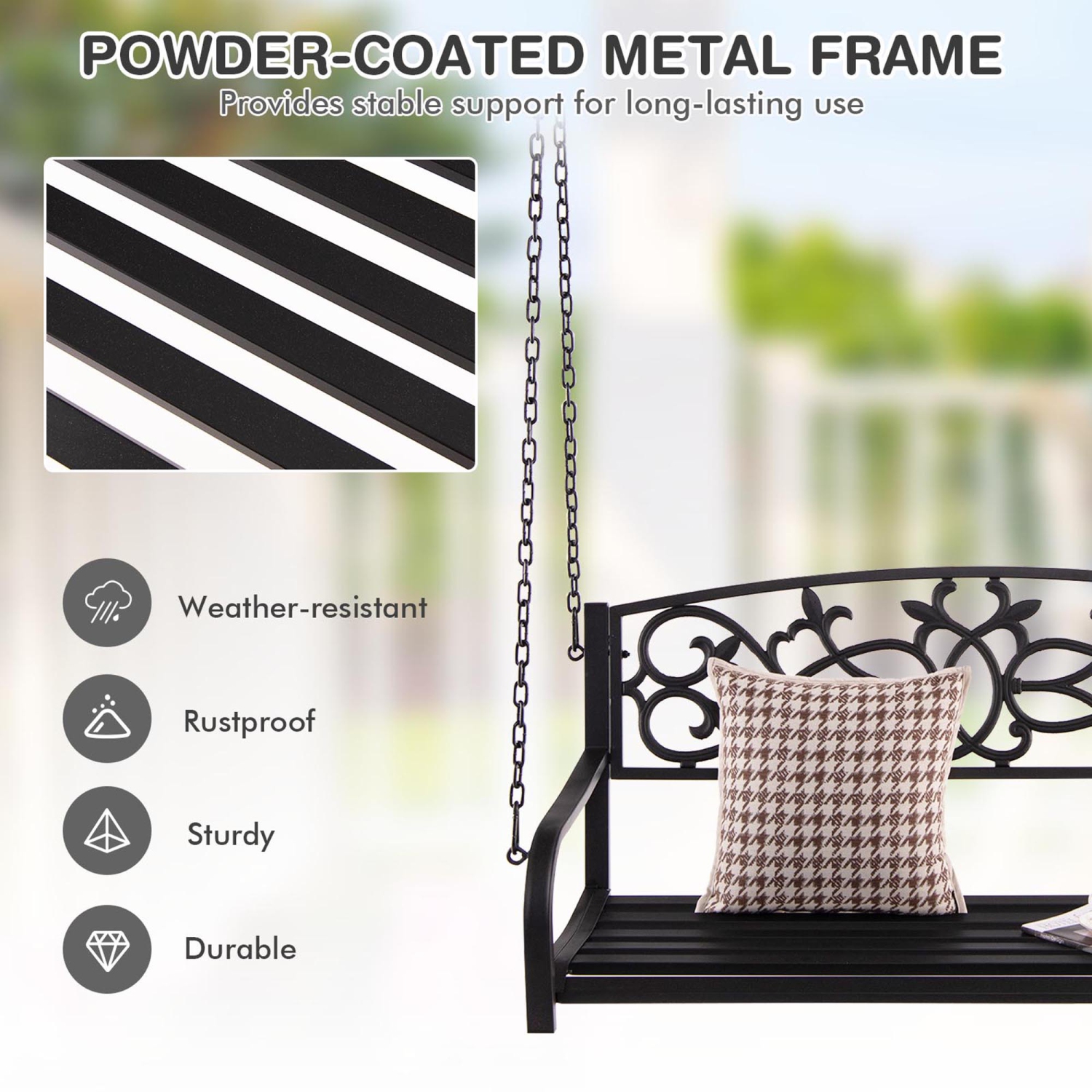 Banc de Balançoire en Métal à Suspendre de Porche d'Extérieur de Marque Gymax pour 2 Personnes pour Patio avec des Chaînes