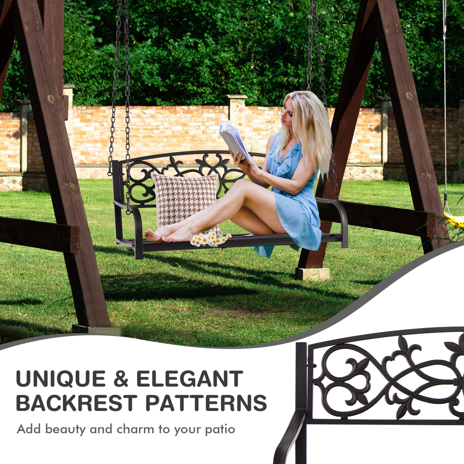 Banc de Balançoire en Métal à Suspendre de Porche d'Extérieur de Marque Gymax pour 2 Personnes pour Patio avec des Chaînes