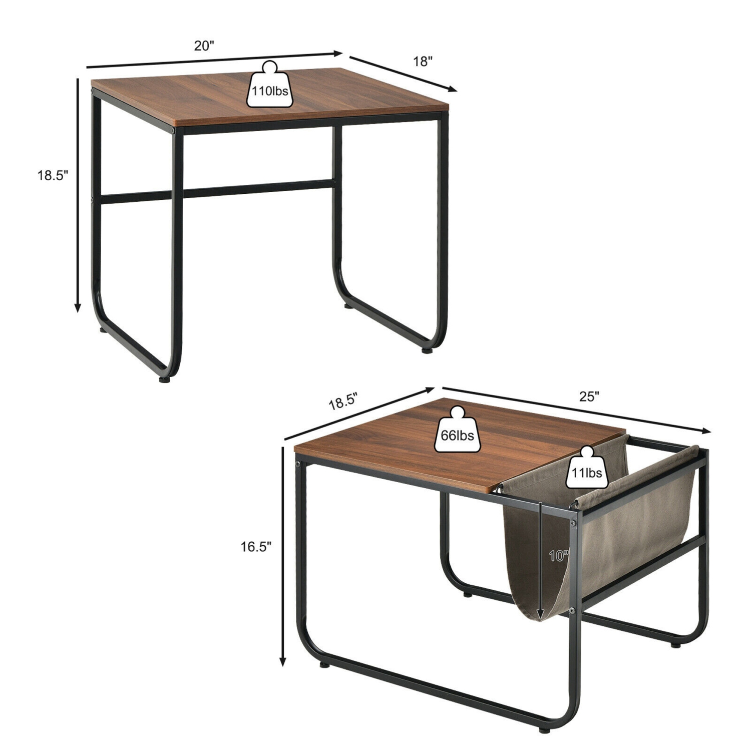 Gymax Nesting Coffee Table Set of 2 Industrial Stackable Side Table w/ Magazine Holder