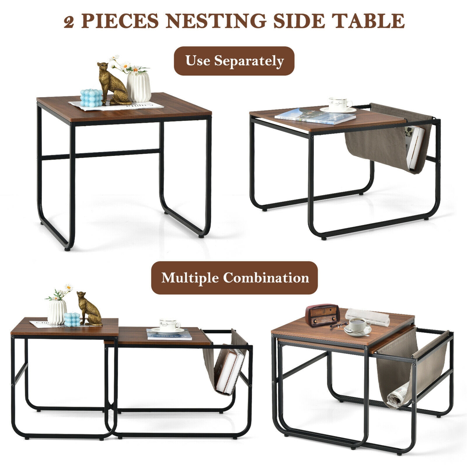 Gymax Nesting Coffee Table Set of 2 Industrial Stackable Side Table w/ Magazine Holder