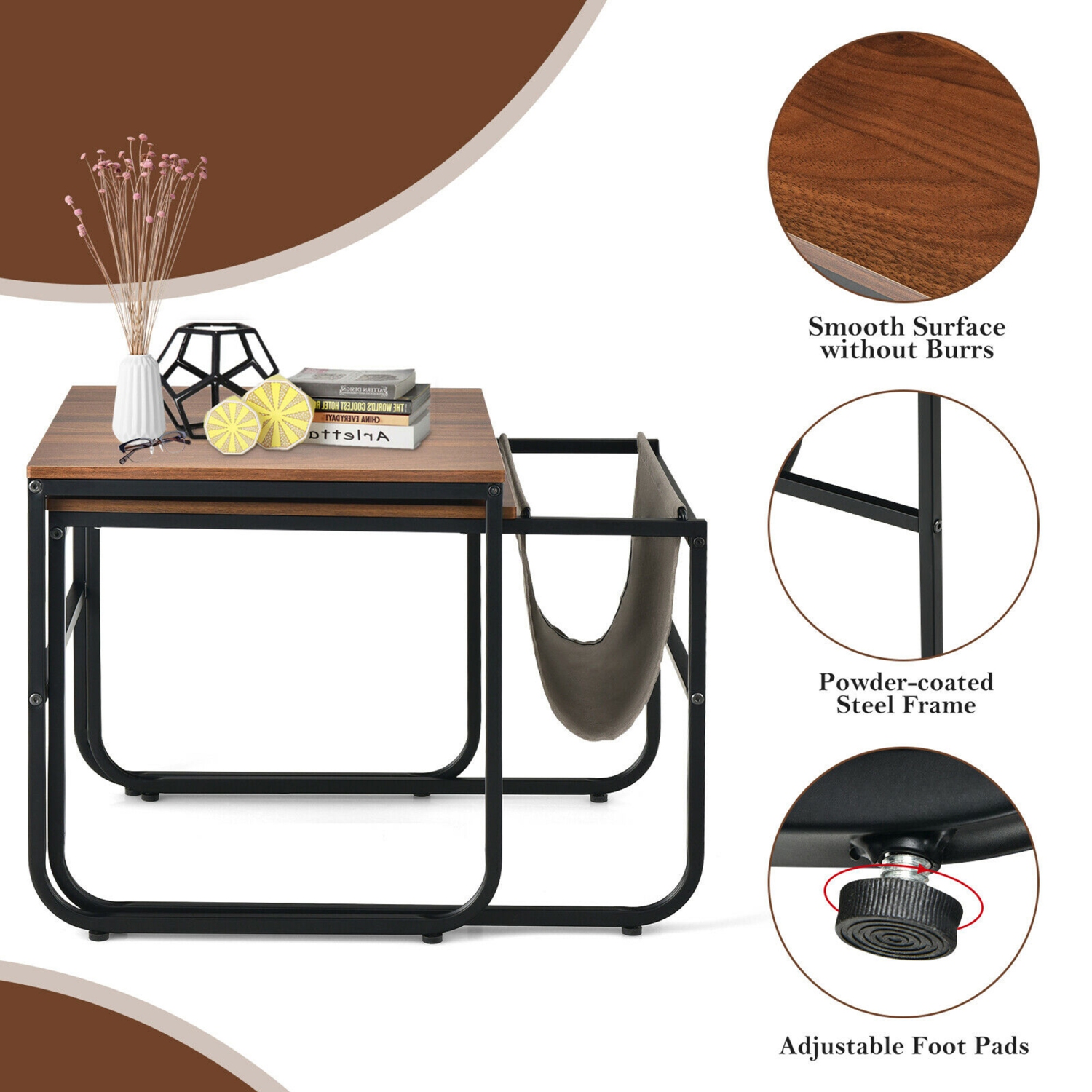 Gymax Nesting Coffee Table Set of 2 Industrial Stackable Side Table w/ Magazine Holder