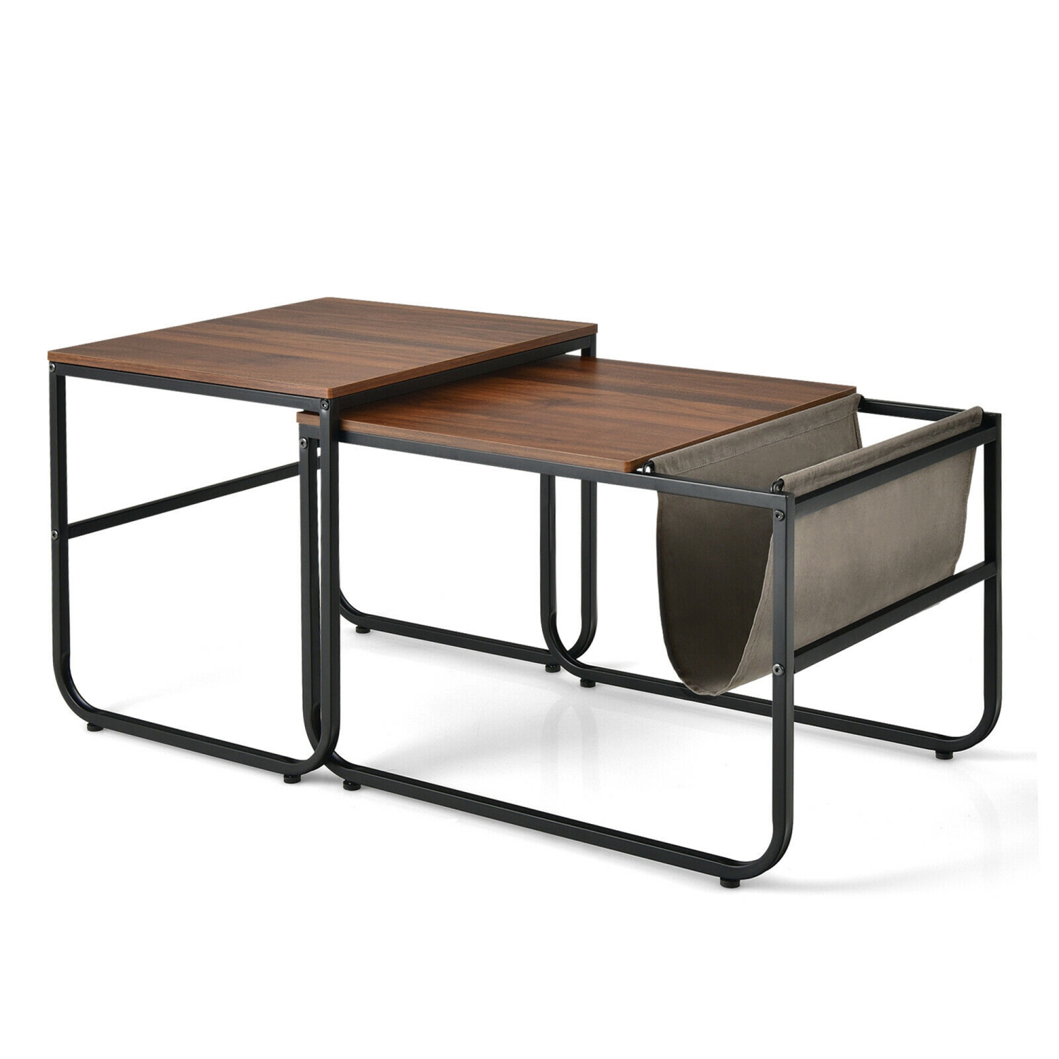Gymax Nesting Coffee Table Set of 2 Industrial Stackable Side Table w/ Magazine Holder