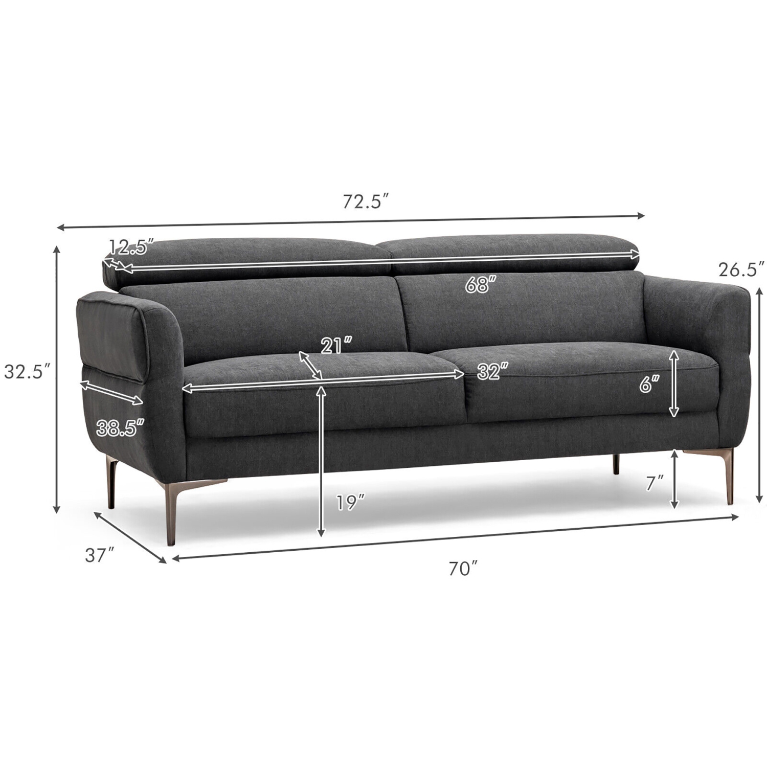 Gymax Modern Loveseat 72.5'' Fabric Sofa Couch w/ Adjustable Headrest & Metal Legs