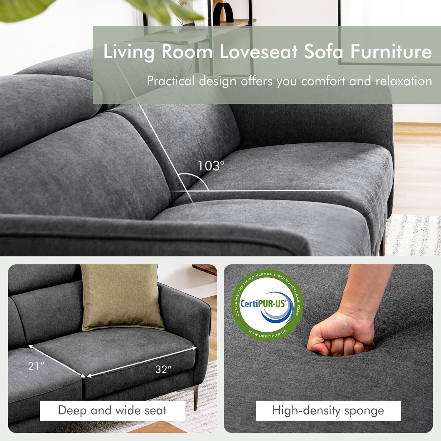 Gymax Modern Loveseat 72.5'' Fabric Sofa Couch w/ Adjustable Headrest & Metal Legs