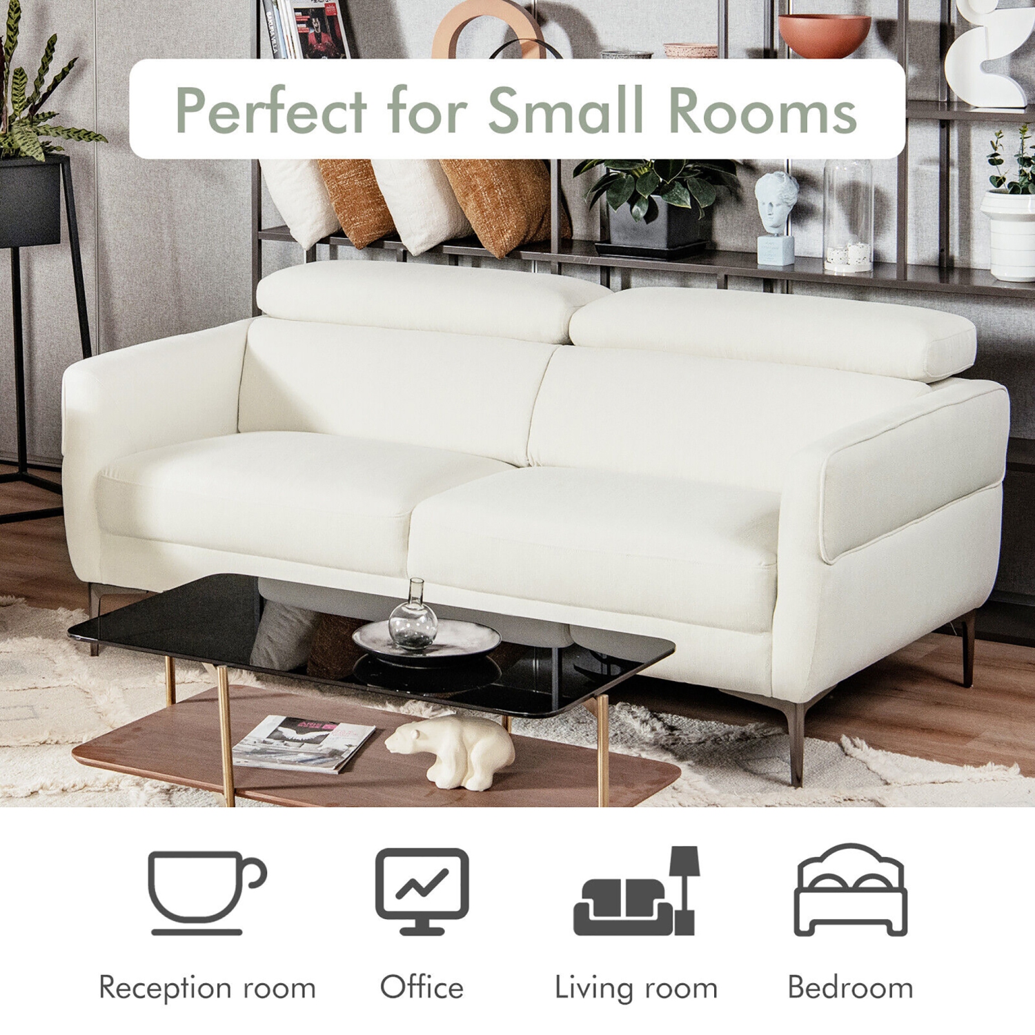 Gymax Modern Loveseat 72.5'' Fabric Sofa Couch w/ Adjustable Headrest & Metal Legs