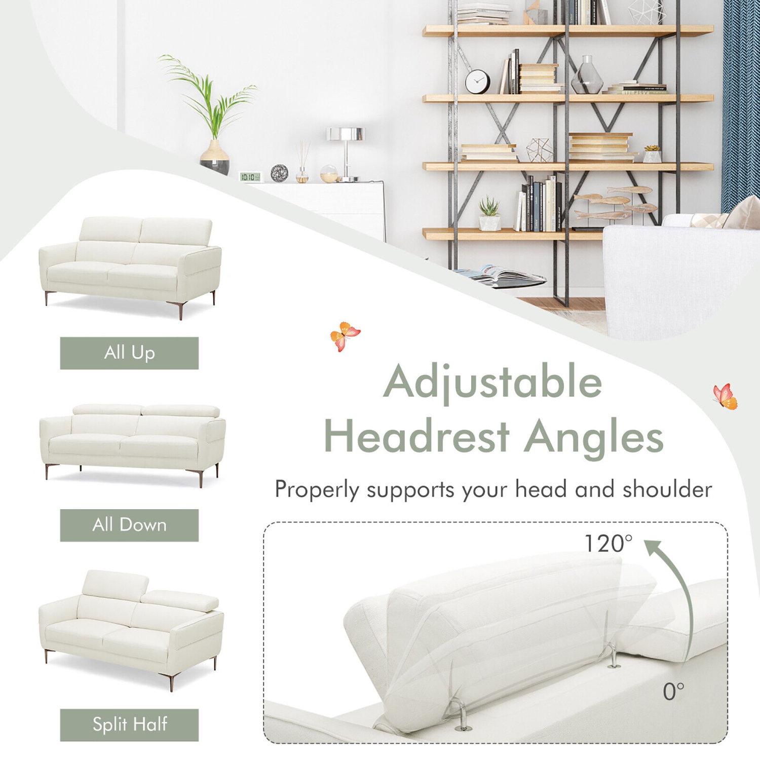 Gymax Modern Loveseat 72.5'' Fabric Sofa Couch w/ Adjustable Headrest & Metal Legs