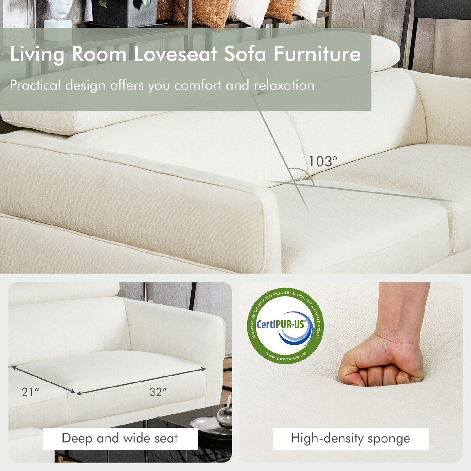 Gymax Modern Loveseat 72.5'' Fabric Sofa Couch w/ Adjustable Headrest & Metal Legs