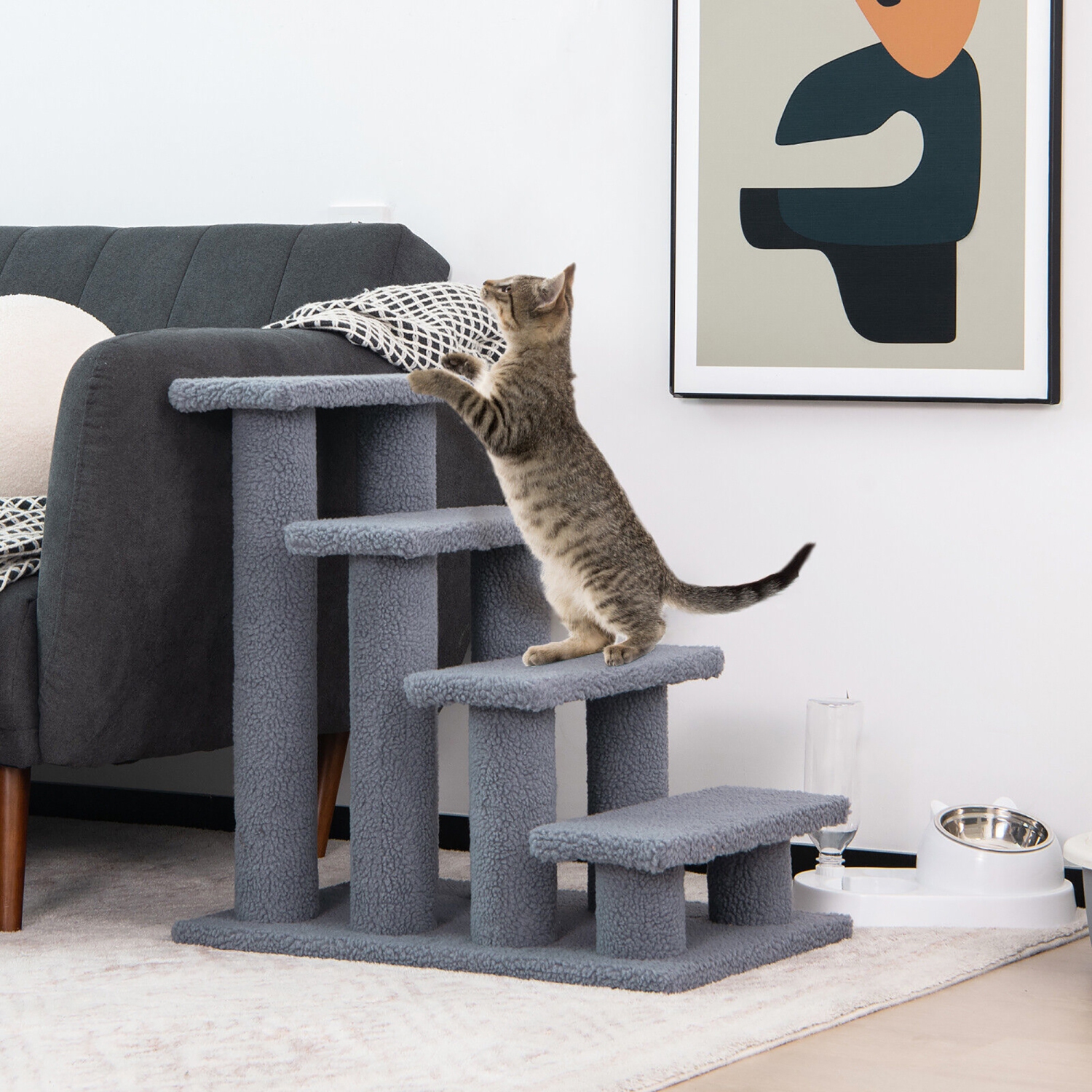 Gymax 24'' 4-Step Pet Stairs Carpeted Ladder Ramp 8 Scratching Post Cat Tree Climber