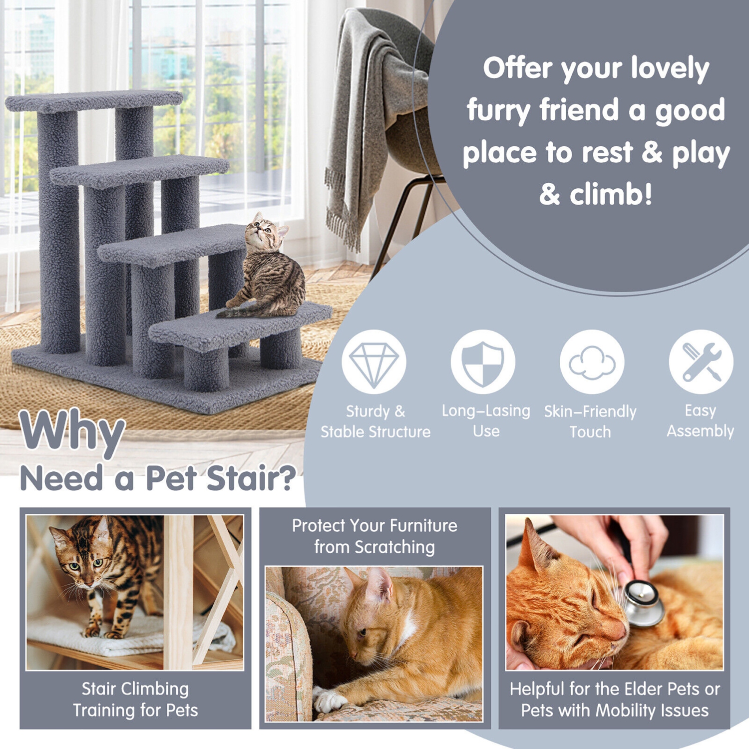 Gymax 24'' 4-Step Pet Stairs Carpeted Ladder Ramp 8 Scratching Post Cat Tree Climber