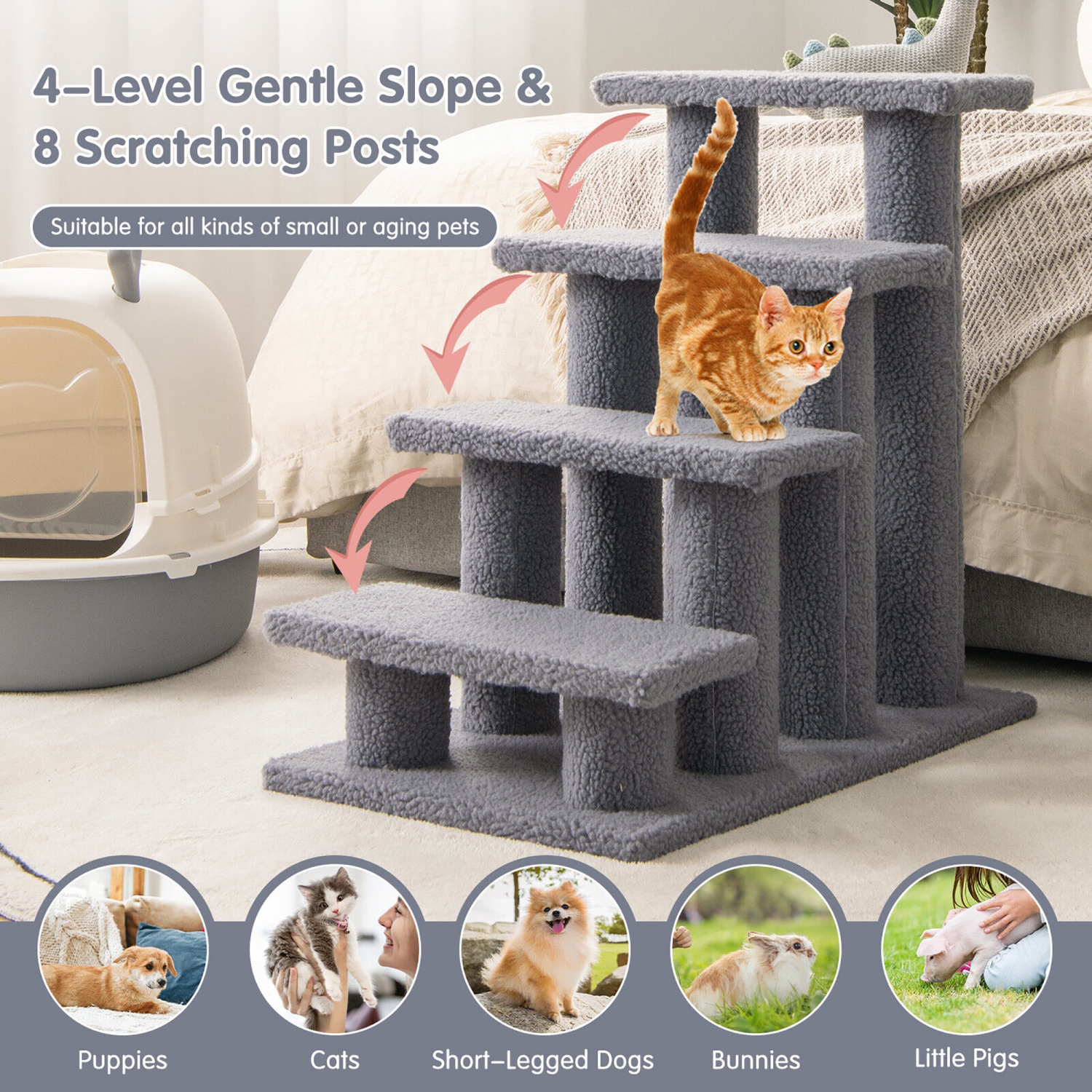 Gymax 24'' 4-Step Pet Stairs Carpeted Ladder Ramp 8 Scratching Post Cat Tree Climber