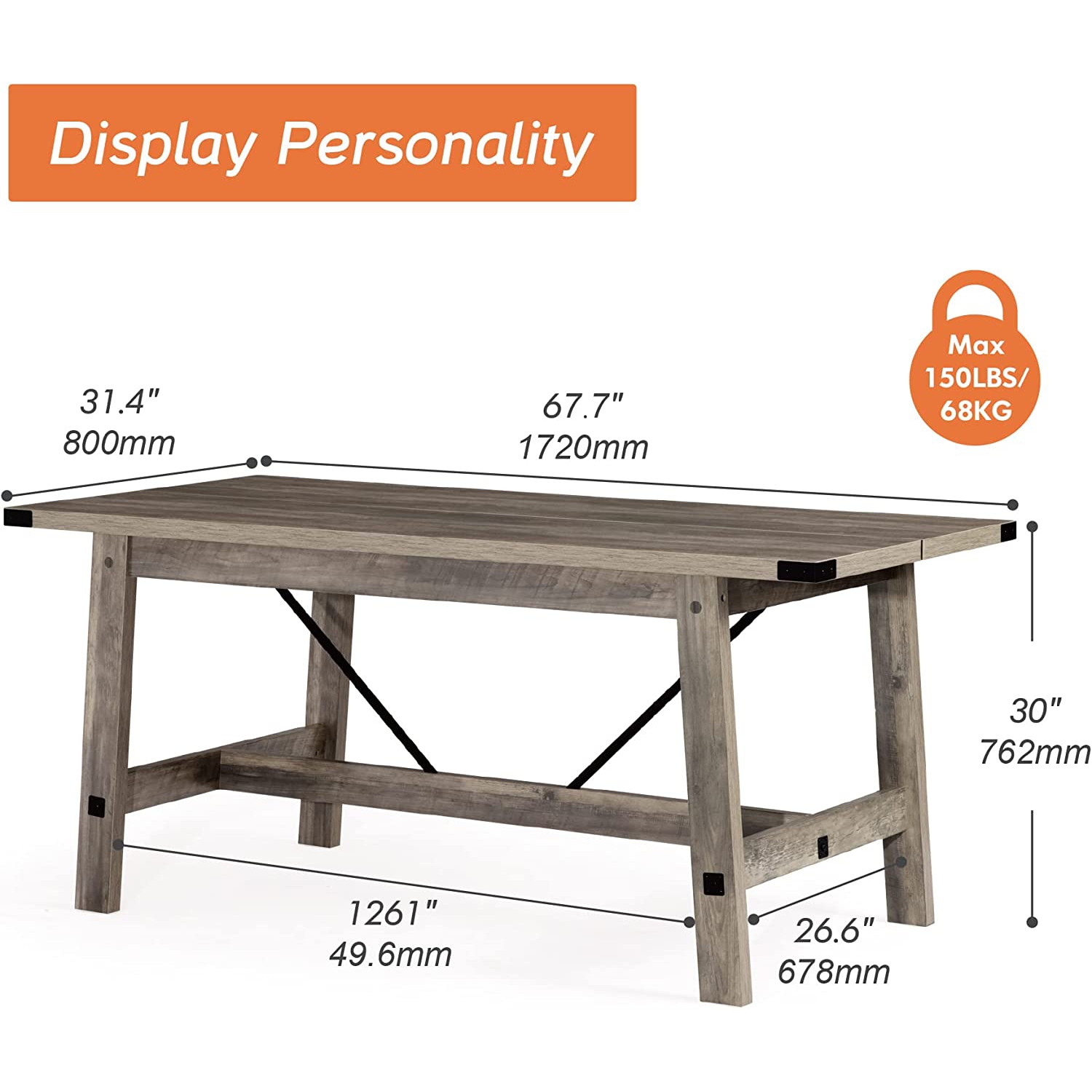 WAMPAT Farmhouse Dining Room Table for 6 Person, 67.7 Inch Rectangular Wood Modern Kitchen Table with Metal Decor and Footrest, Rustic Grey