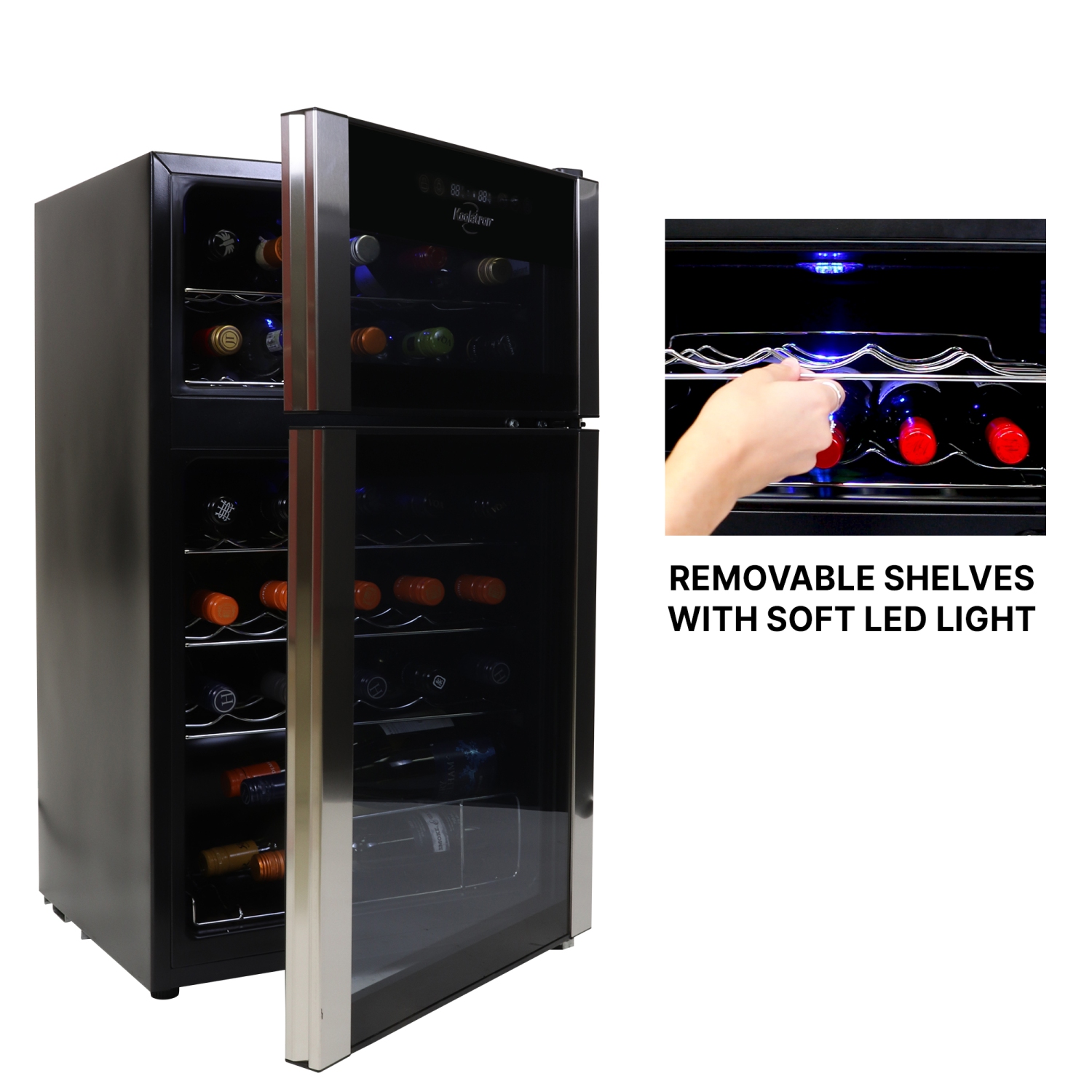 Koolatron 29 Bottle Dual Zone Wine Cooler, Black, Compressor Wine Fridge, Freestanding Wine Cellar, Red, White, Sparkling Wine Storage in Home Bar,